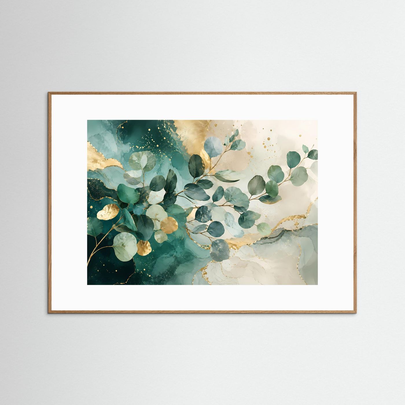 Eukalyptus Blätter Poster Querformat | Abstrakte Botanische Wandkunst in Grün & Gold | Modernes Natur Wandbild
