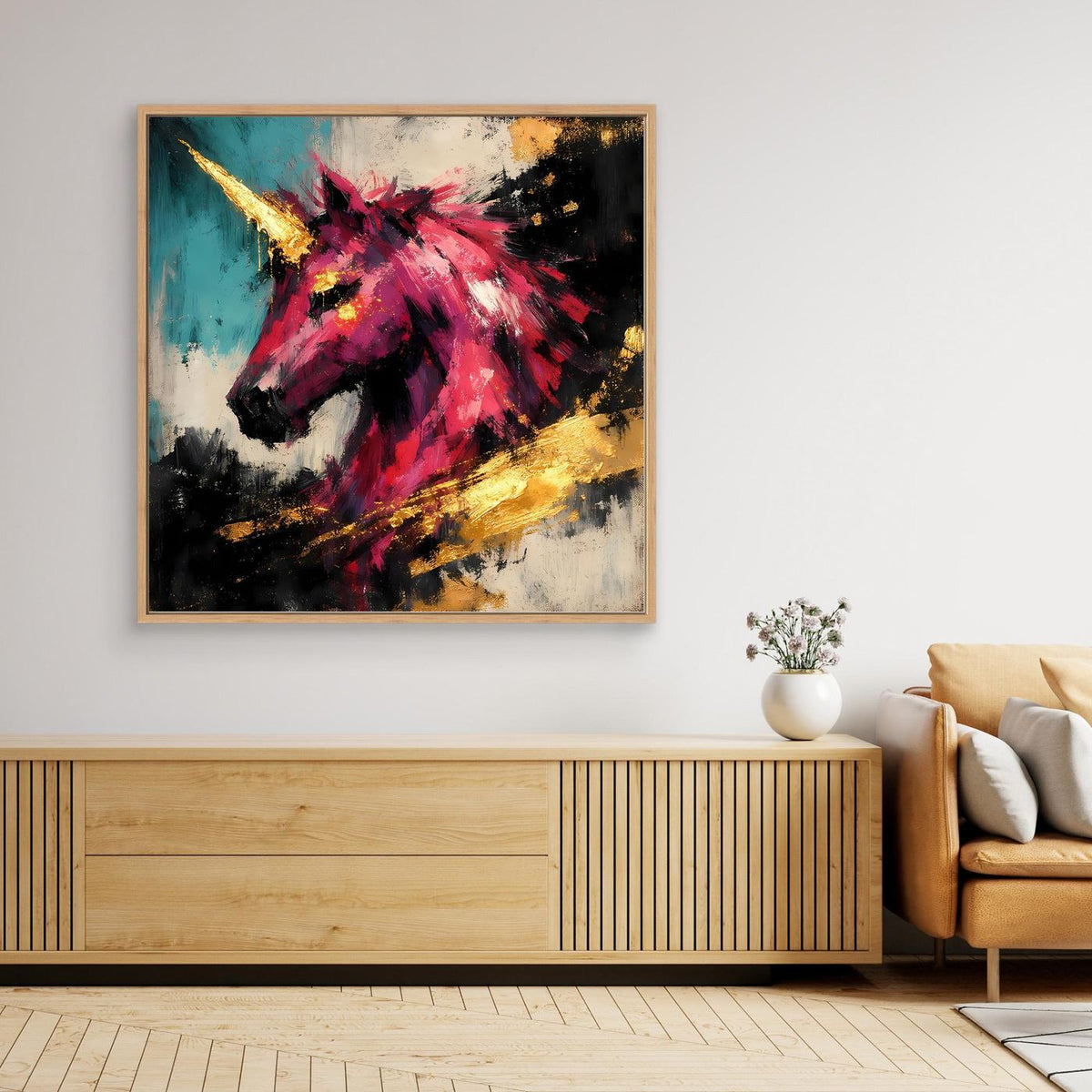Leinwand-Fantasy-Wandbild mit Einhorn in Pink und Gold im Eichenholzrahmen