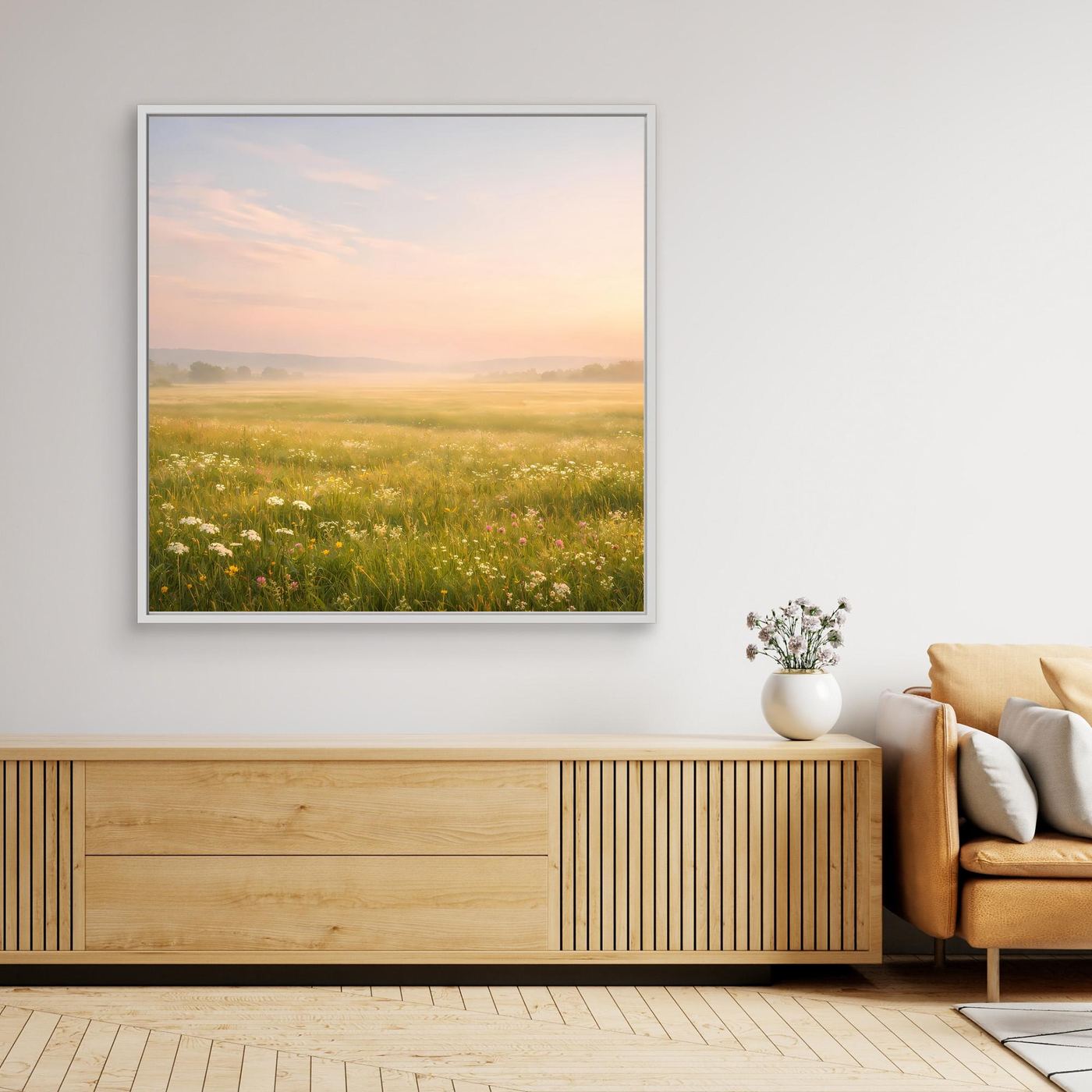 Leinwandbild mit Rahmen: neblige Blumenwiese im Pastell, lila-gelber Himmel