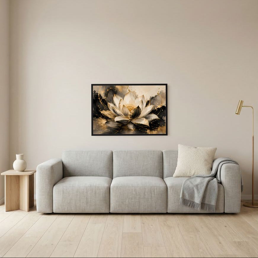 Lotusblüten-Poster im Querformat mit abstrakter Blüte in Creme, Schwarz und Gold.