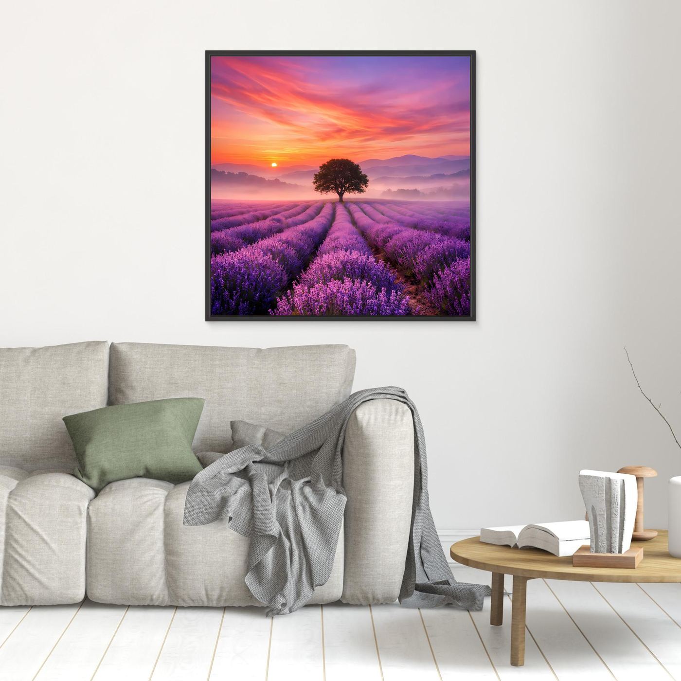 Lavendelfeld-Wandbild mit Sonnenuntergang, schwarzem Rahmen und Baum im lila Lavendelfeld