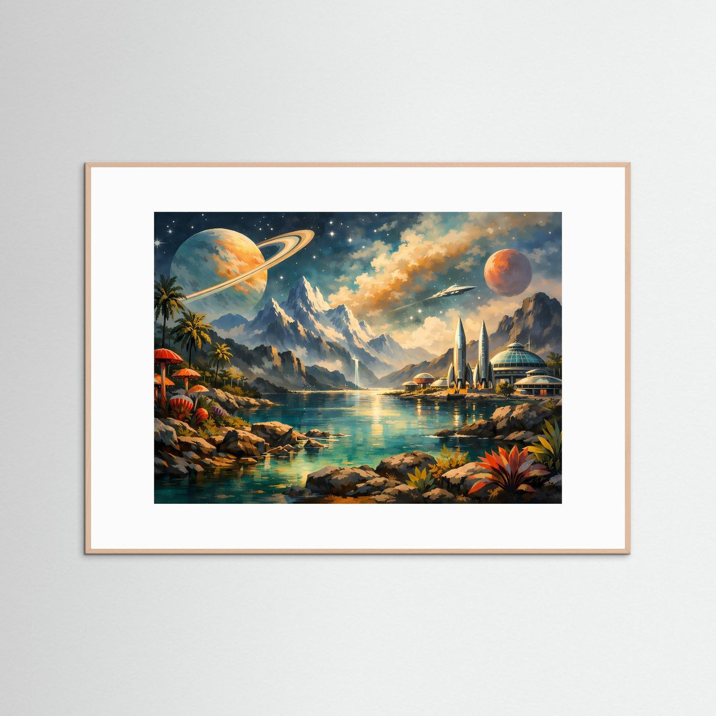 Science-Fiction Landschaft Poster | Futuristische Alien-Welt mit Saturn, Raumstation und Bergen | Sci-Fi Wandbild Fantasy Universum
