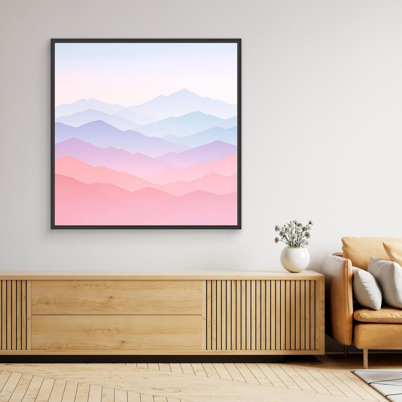 Leinwandbild mit pastellfarbenen Bergen, schwarzem Rahmen