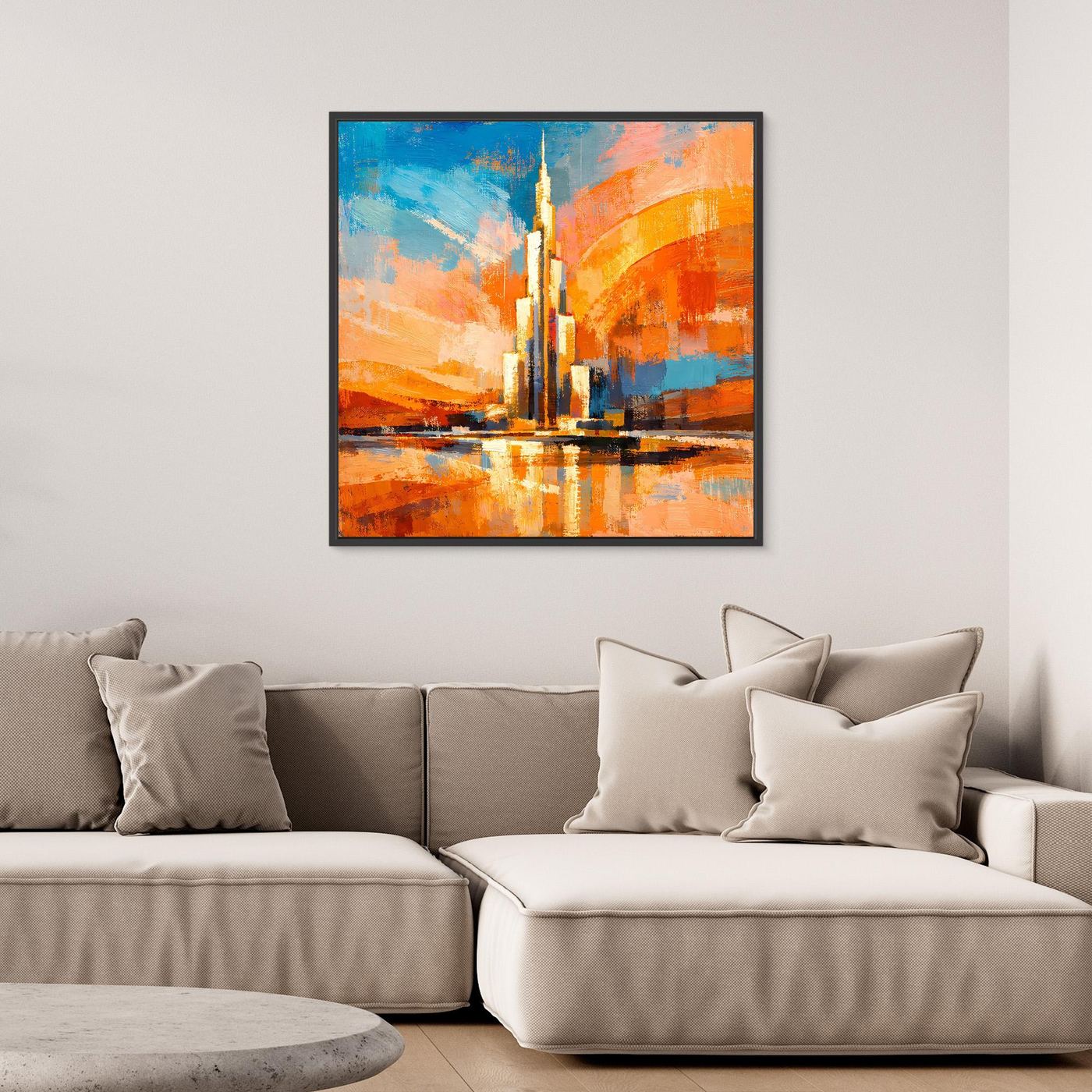 Gerahmtes Leinwand-Wandbild mit abstrakter Skyline und Spiegelung, schwarze Einfassung