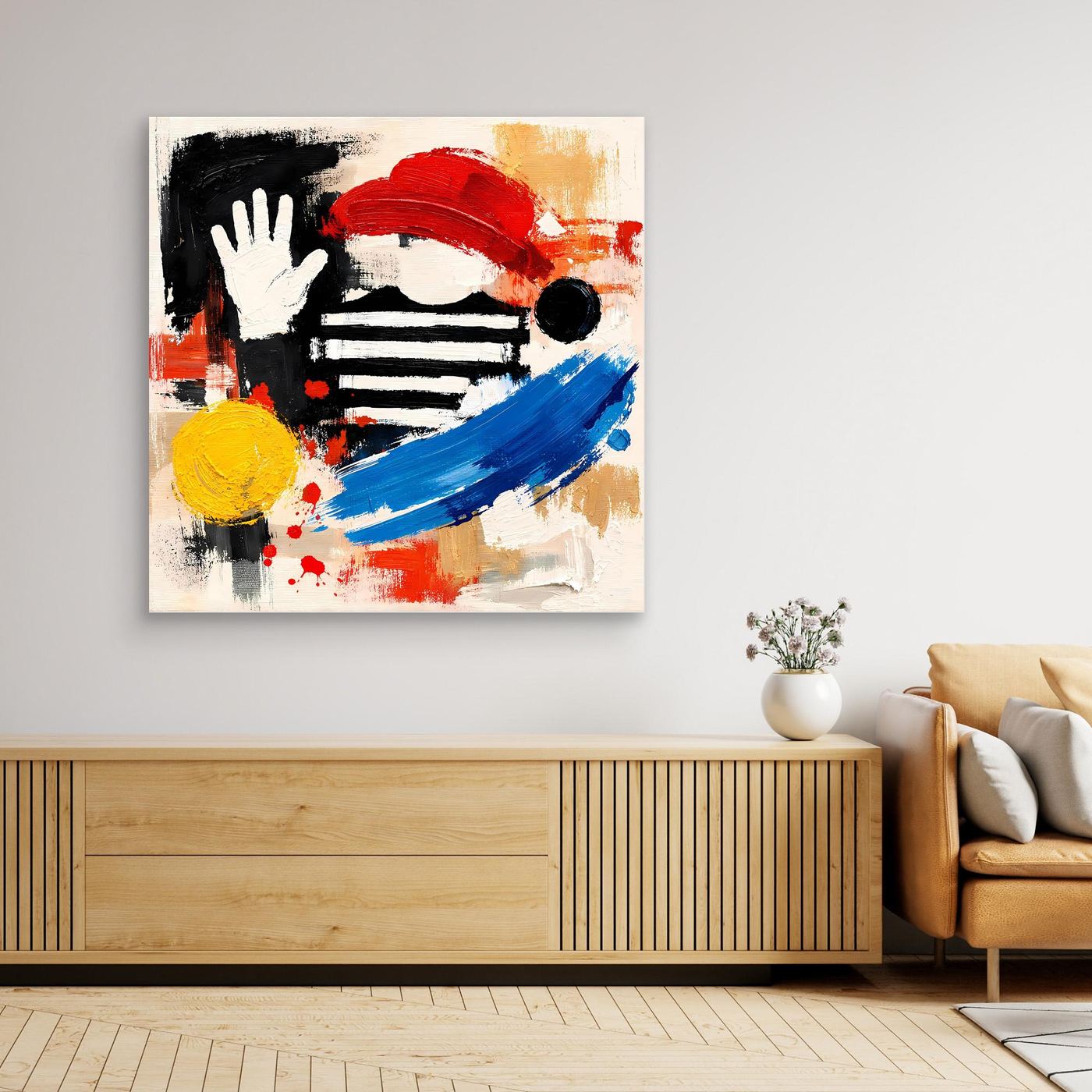 Abstract pop art canvas wall print with hand and stripes in red, blue, yellow, no frame
