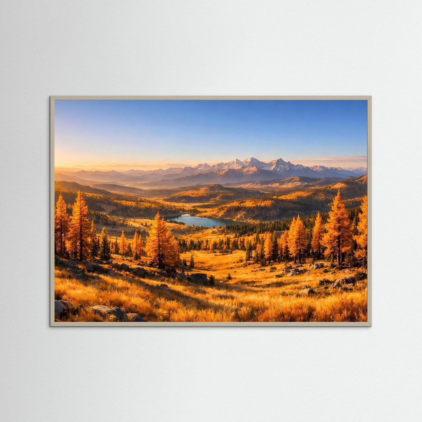 Wandbild mit blauem Rahmen: Herbstlandschaft mit Bergen, Bäumen und Fluss