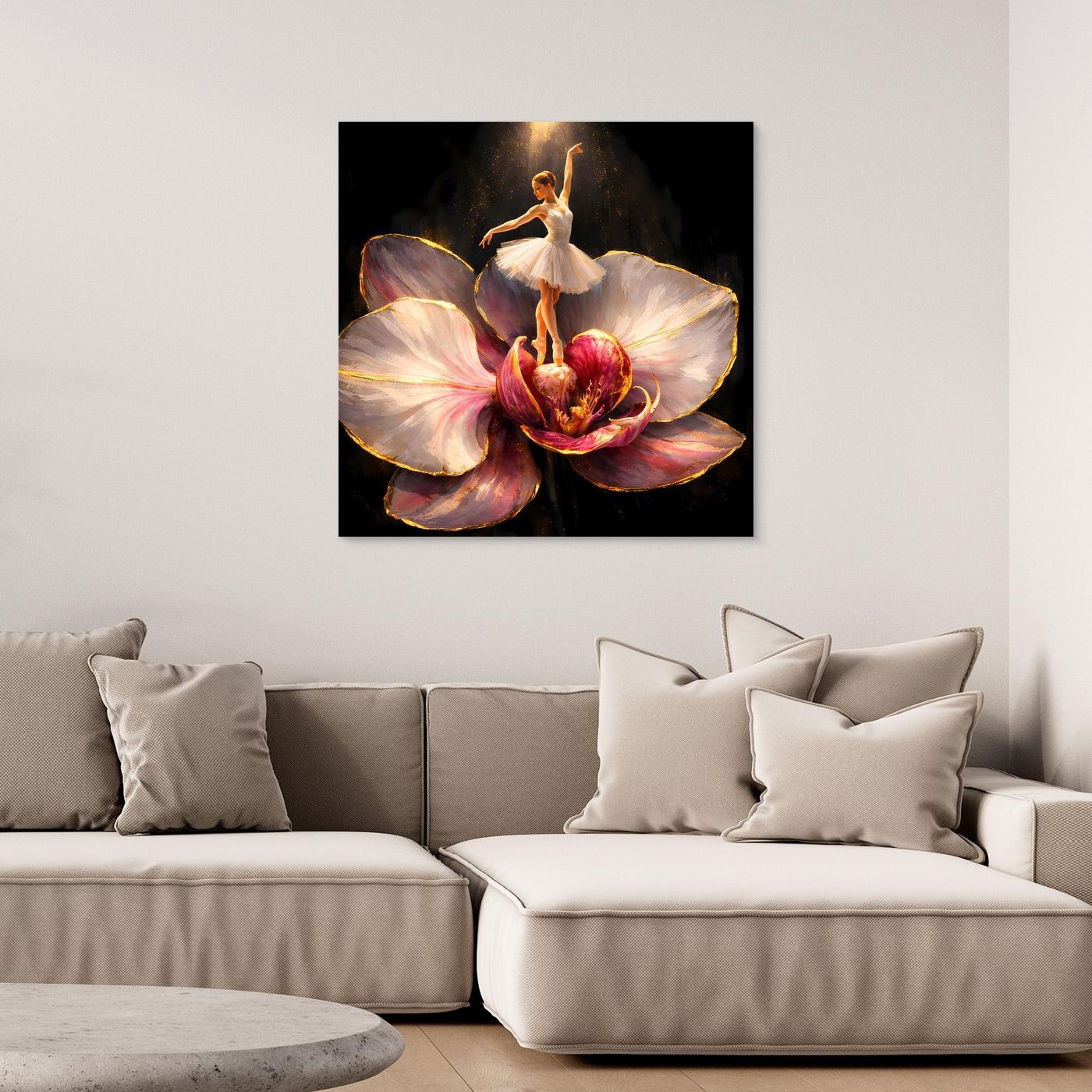 Premium Leinwand Elegante Ballerina auf Orchidee | Abstraktes Ballett Wandbild mit Goldakzenten