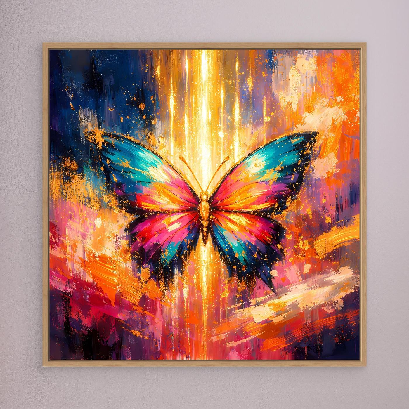 Wandbild mit farbenfrohem Schmetterling im Lichtstrahl auf Leinwand, im Holzrahmen
