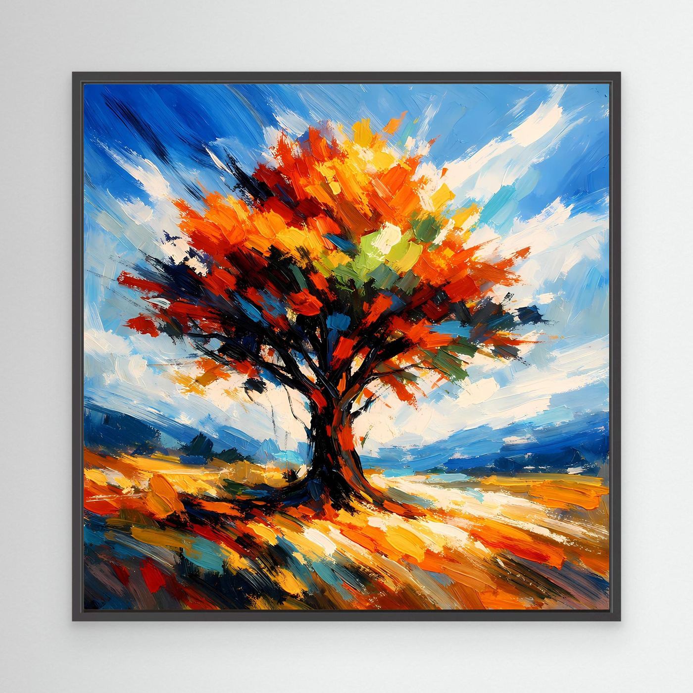 Leinwandbild mit Herbstbaum in Impasto-Optik, orangefarbene Krone, schwarzer Rahmen