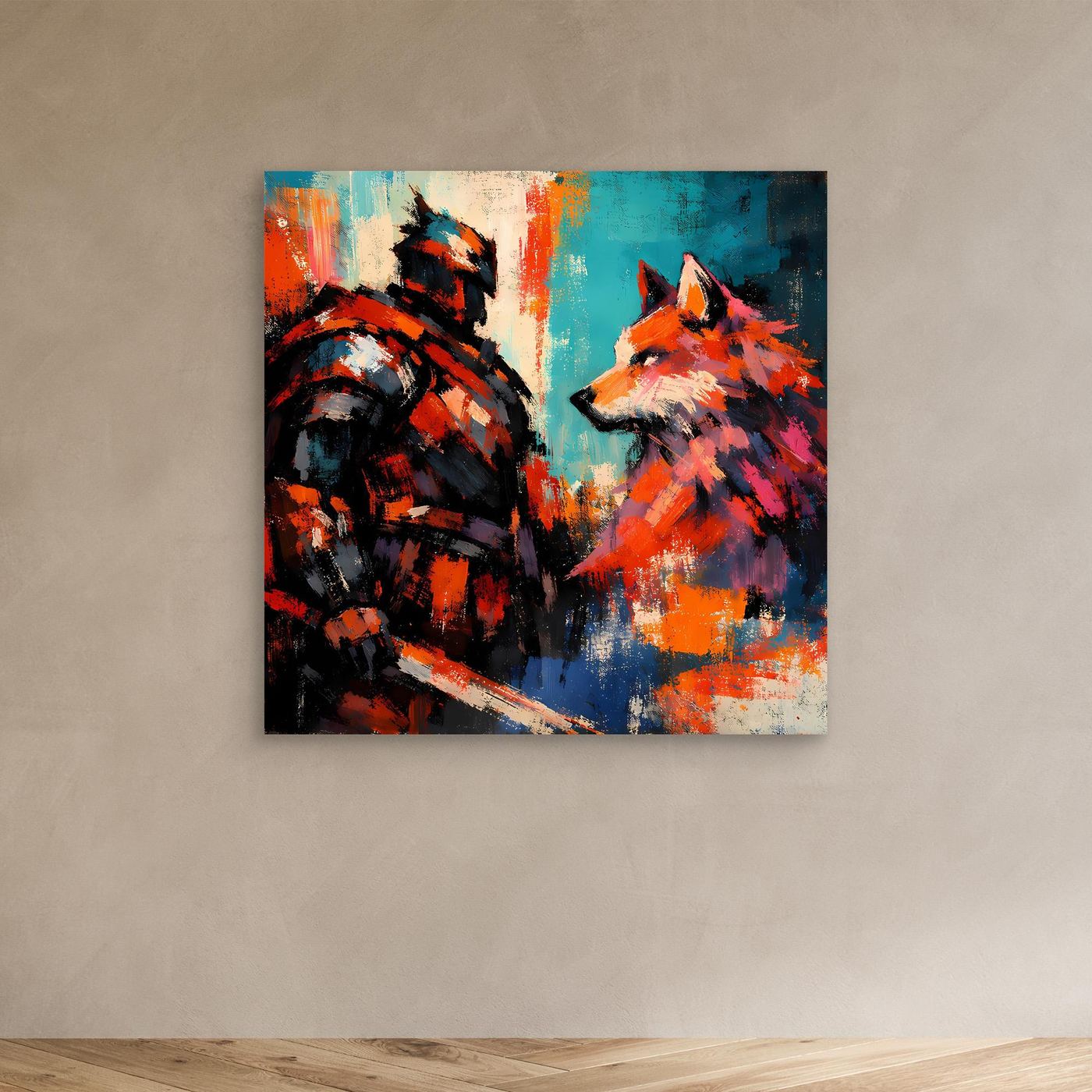 Abstraktes Leinwand-Wandbild: Krieger und Wolf in Orange, Rot und Blau, expressive Pinselstriche
