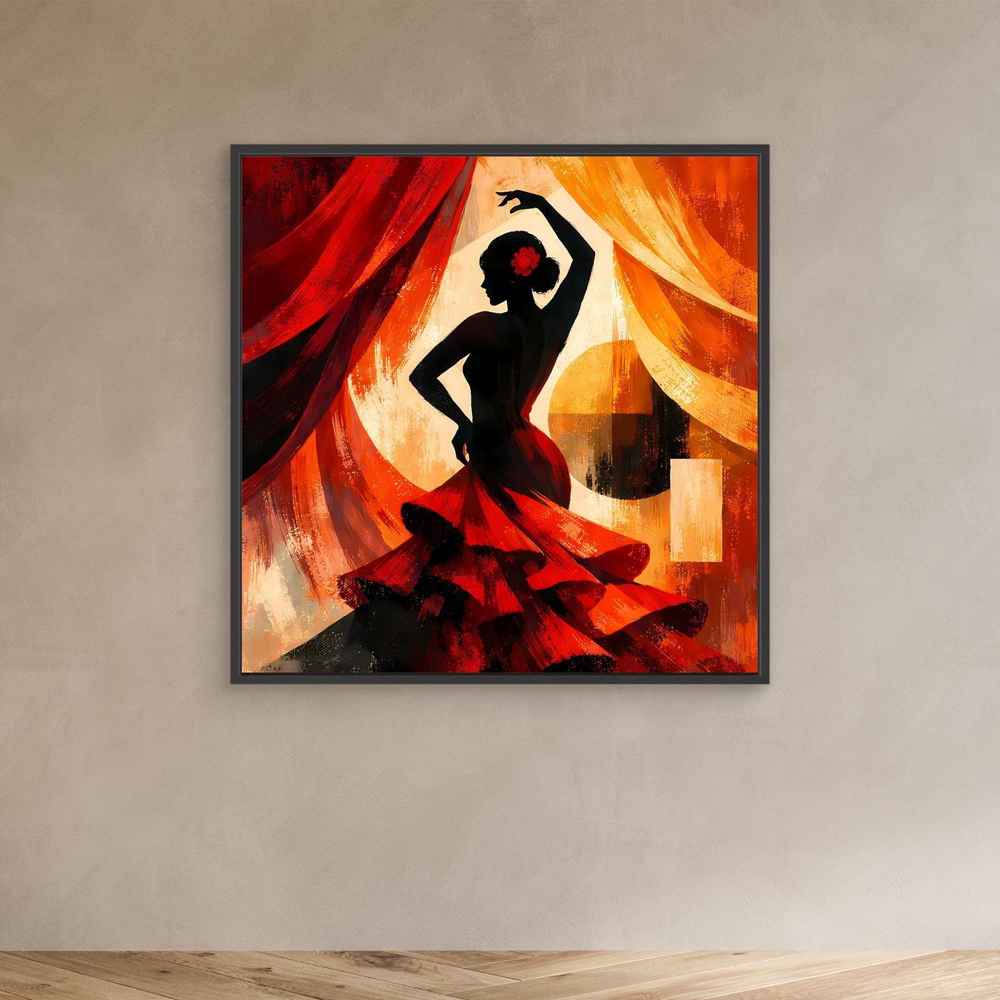 Leinwandbild im schwarzen Rahmen: Flamenco-Silhouette in warmen Rot- und Orangetönen.