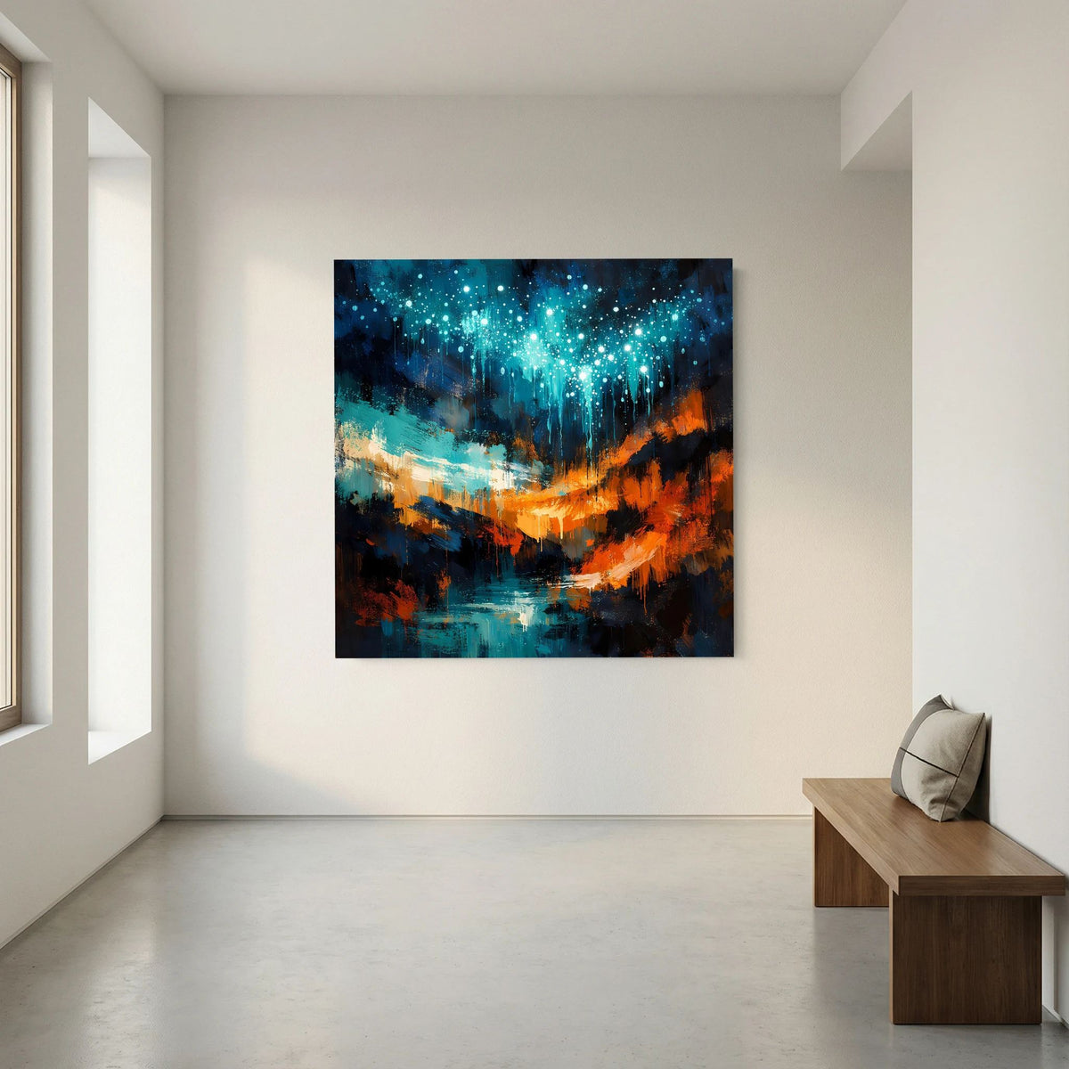 Abstraktes Wandbild mit blauen Glühpunkten, orangefarbener Lichtkante und dunkler Landschaft