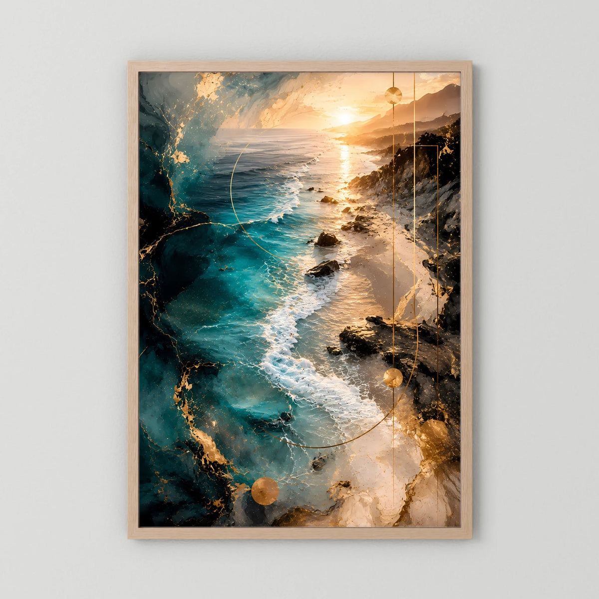 Hochformat-Poster mit hellem Holzrahmen und abstrakter Meereslandschaft in Türkis und Gold