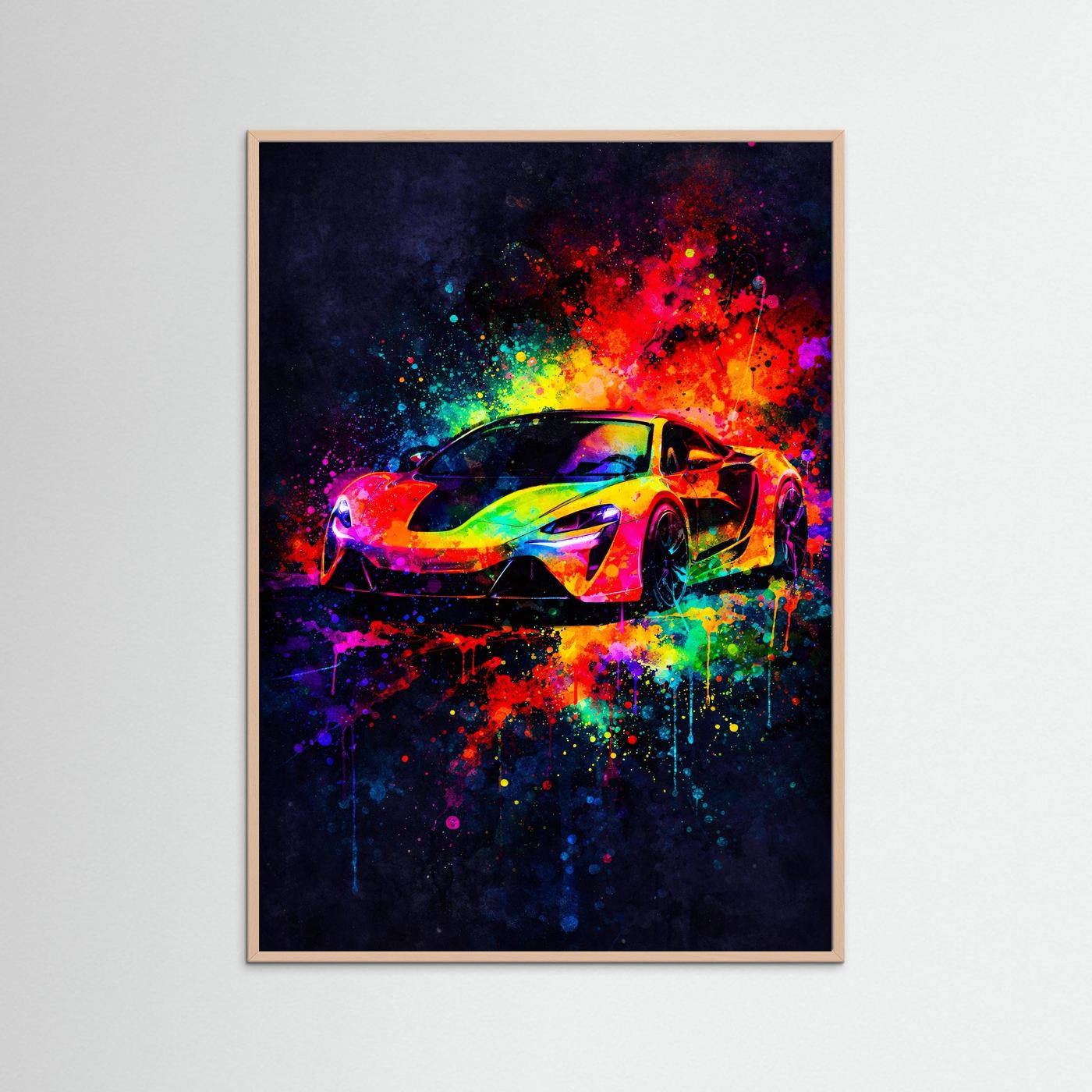 Poster mit Neon-Sportwagen-Illustration im rosafarbenen Holzrahmen