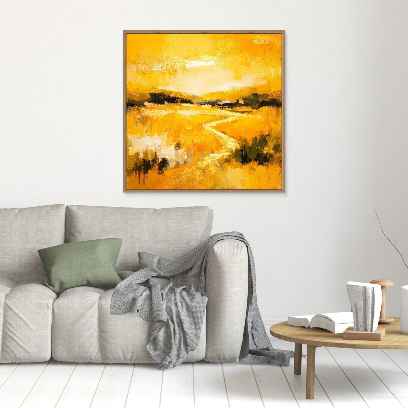 Leinwand Abstraktes Landschaftsgemälde in Gelb und Gold | Modernes Natur Wandbild mit Fluss