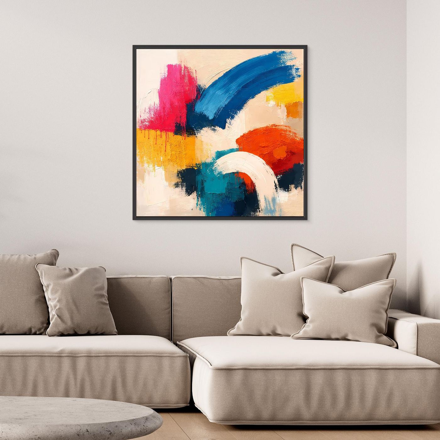 Abstract canvas wall art with colorful brushstrokes in a black frame
