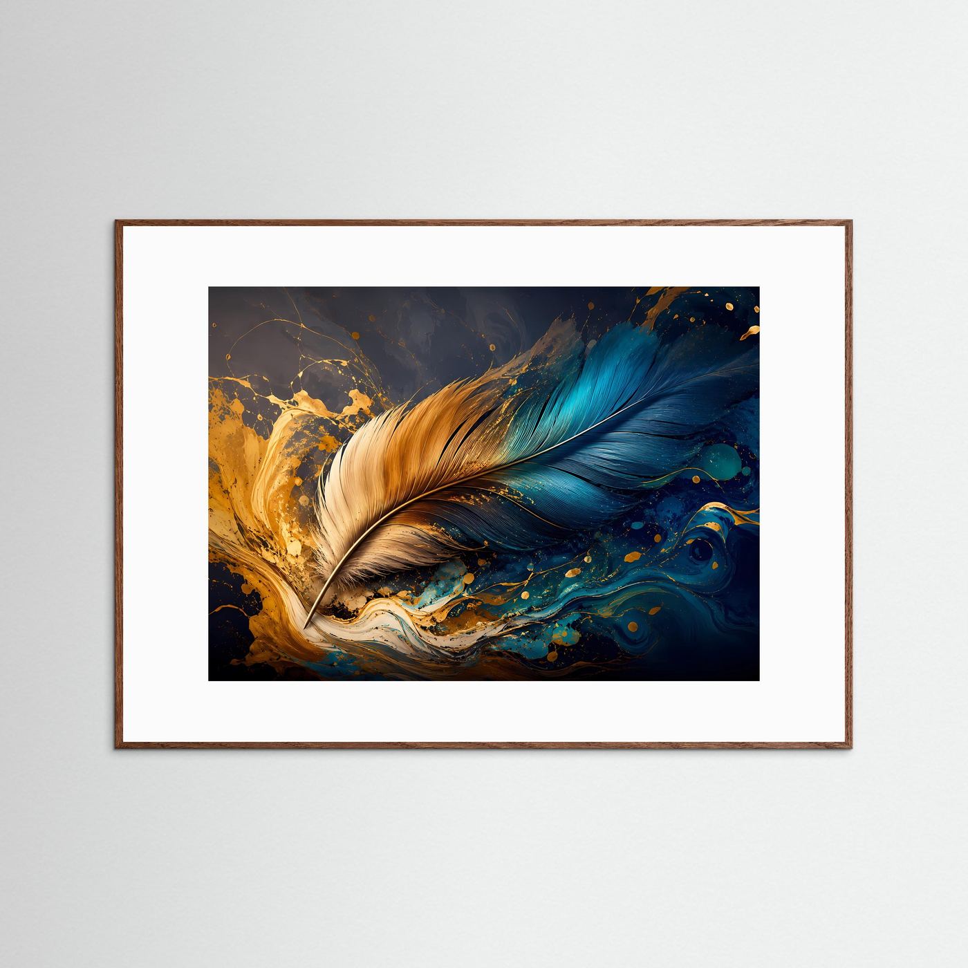 Schwerelose Eleganz: Goldene und blaue Feder im Farbrausch | Modernes Art-Poster Querformat