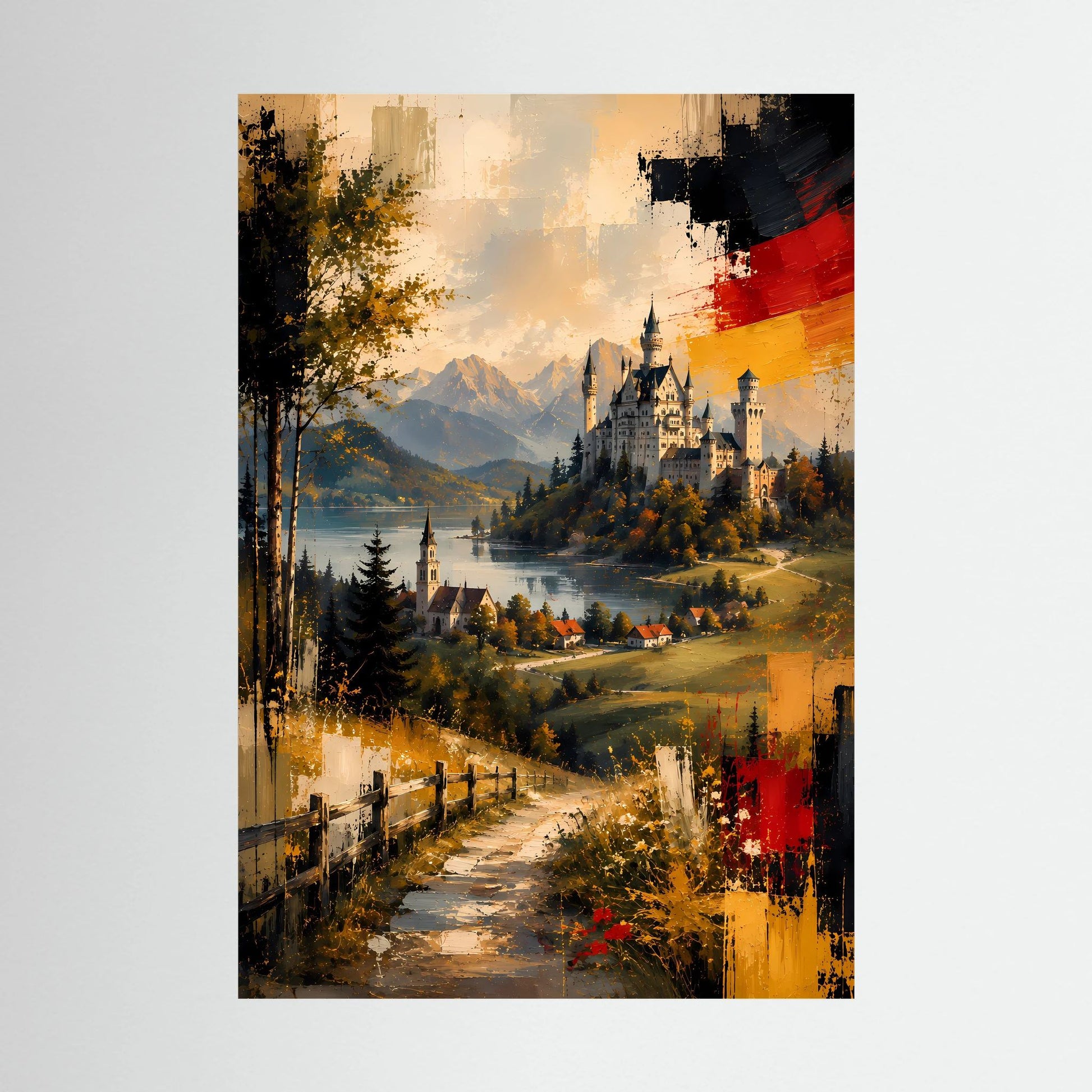 Kunstposter im Hochformat mit Schloss am See, Bergen und goldenen Pinselstrichen