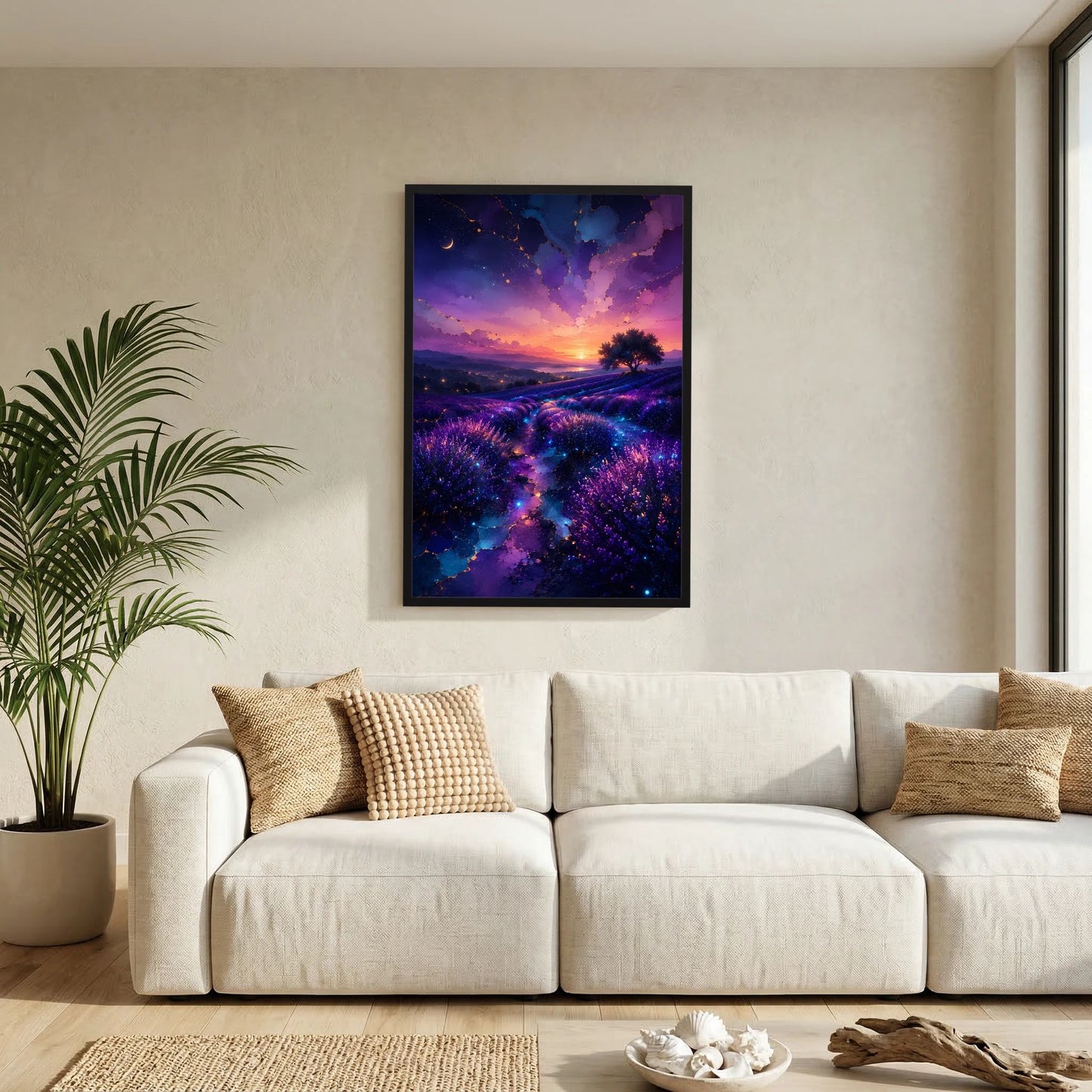 Kleines Hochformat-Poster mit Lavendelfeld in Violett/Blau und Sonnenuntergang, schwarzer Rahmen