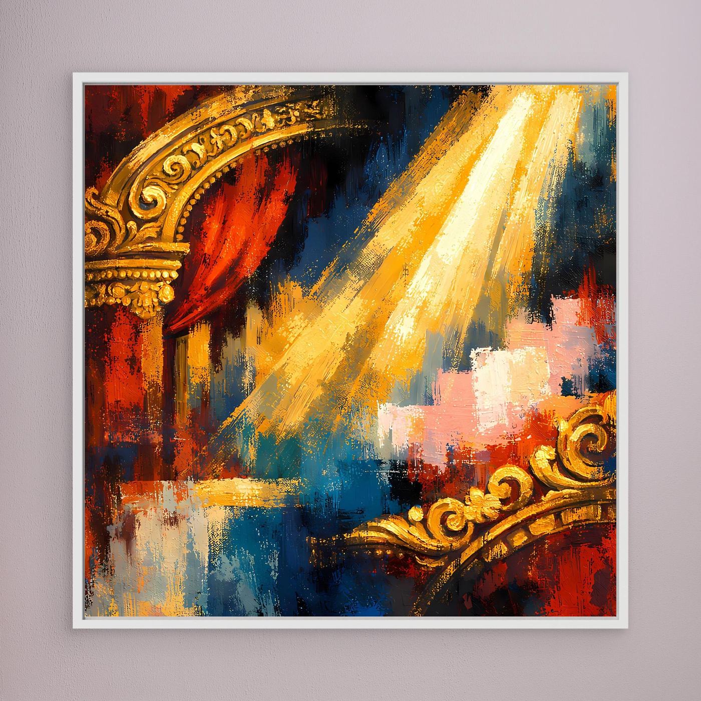 Leinwandbild mit abstraktem Theatermotiv, goldene Ornamente und gelb-blaue Farbflächen im weißen Rahmen