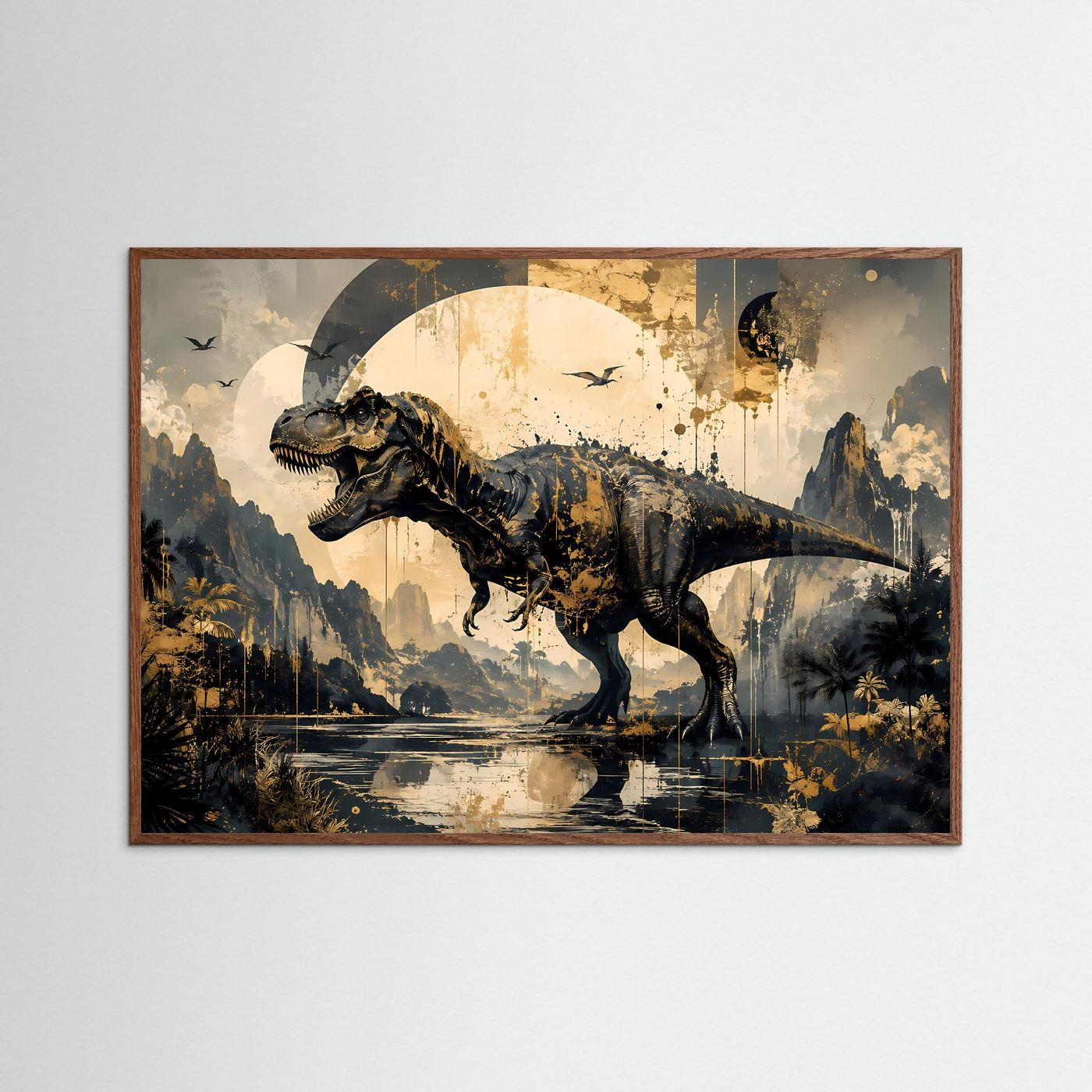 T-Rex Dinosaurier Poster | Abstrakte Jurassic Wandkunst in Schwarz Gold | Moderner Tyrannosaurus Kunstdruck