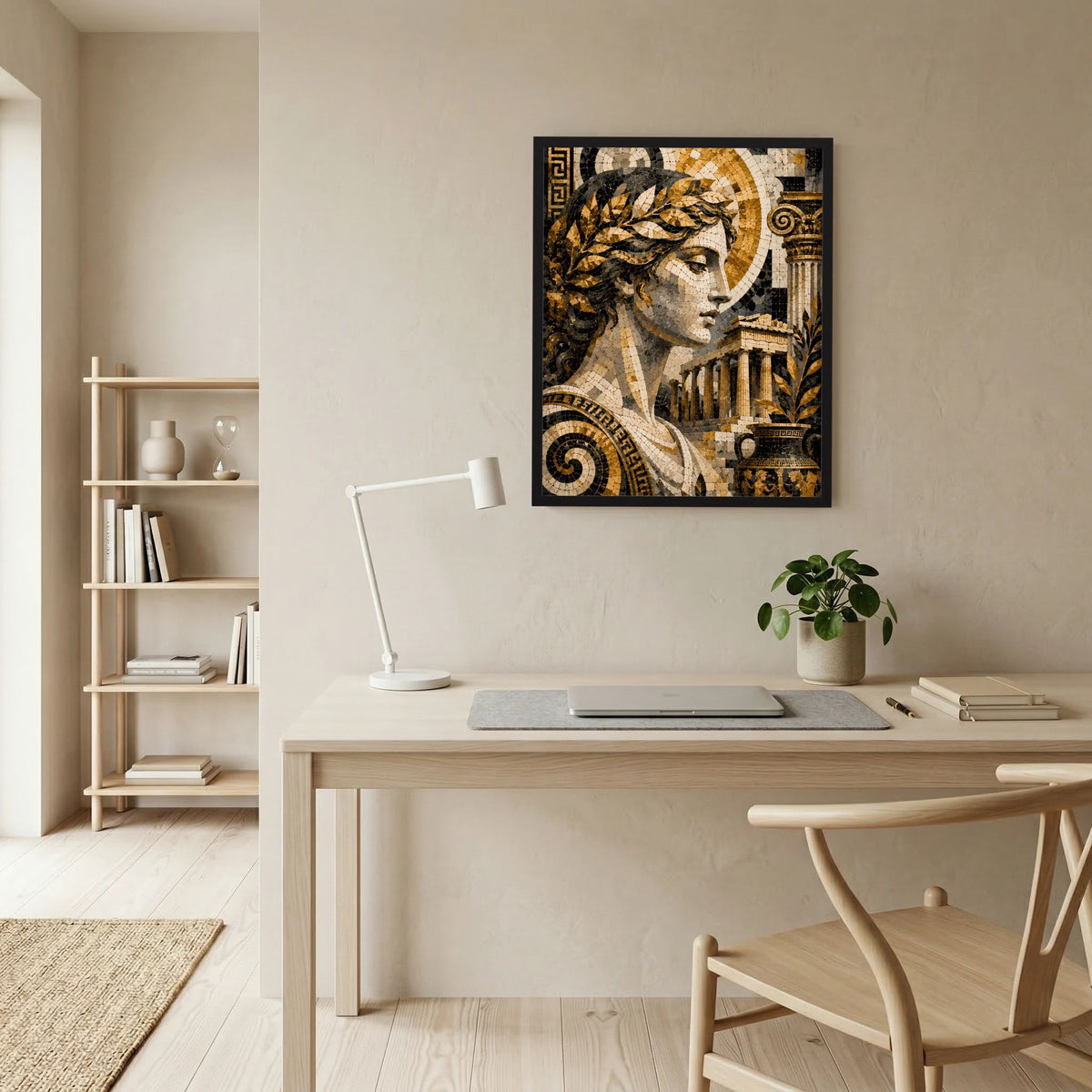 Gerahmtes Mosaikposter: griechische Göttin mit Lorbeerkranz in Gold und Schwarz