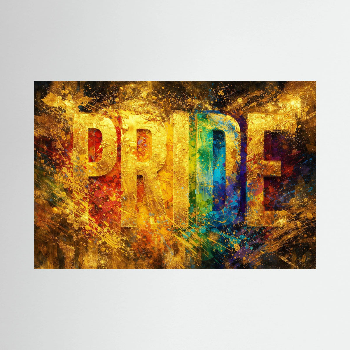 Wandbild ohne Rahmen: goldenes „PRIDE“-Motiv mit farbigen Akzenten im Querformat