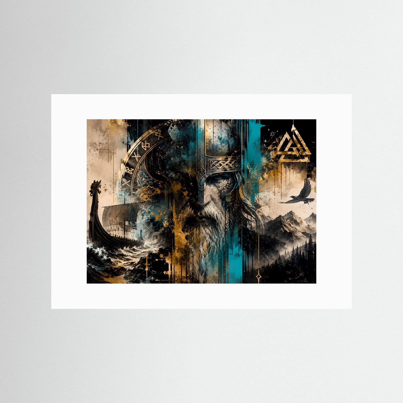 Wikinger Krieger mit Runen & Drachenschiff | Nordische Mythologie Poster Panorama Querformat in Gold, Türkis & Schwarz