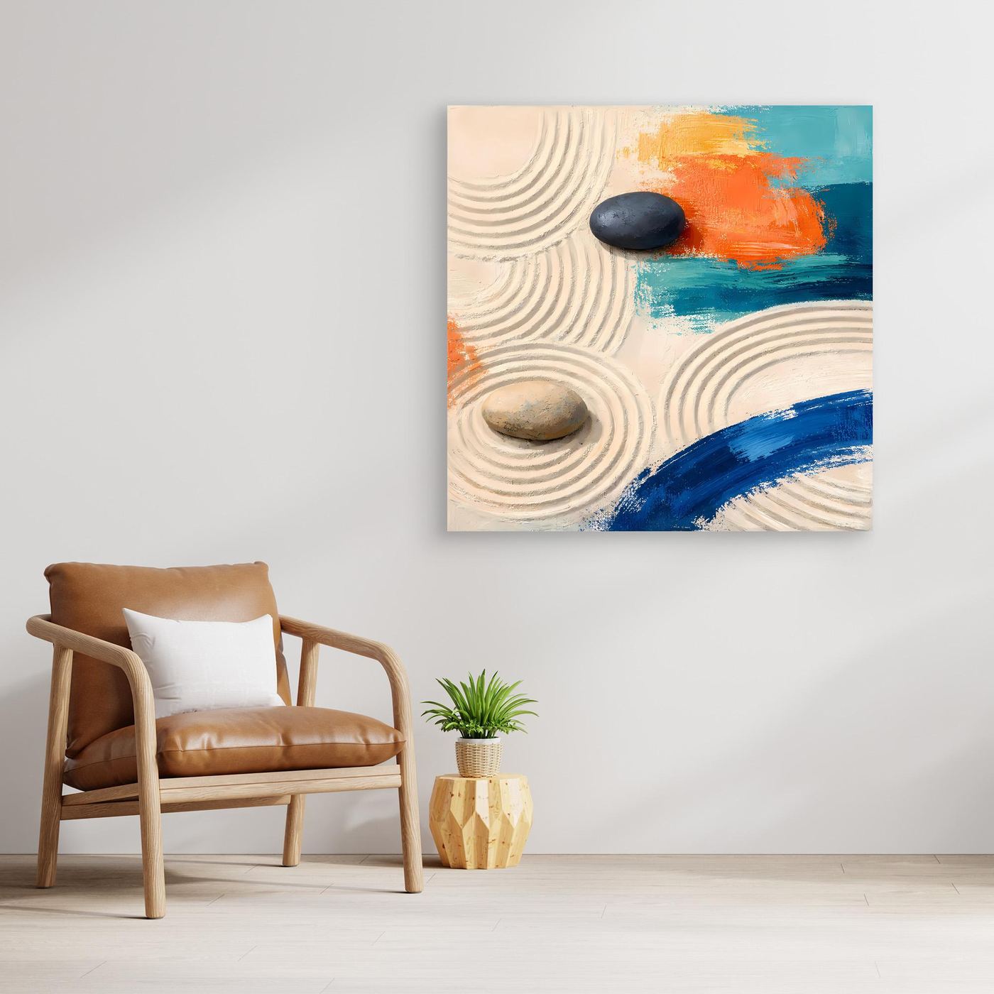 Leinwand Moderner Zen-Garten mit Steinen | Abstraktes Wandbild auf echter Leinwand