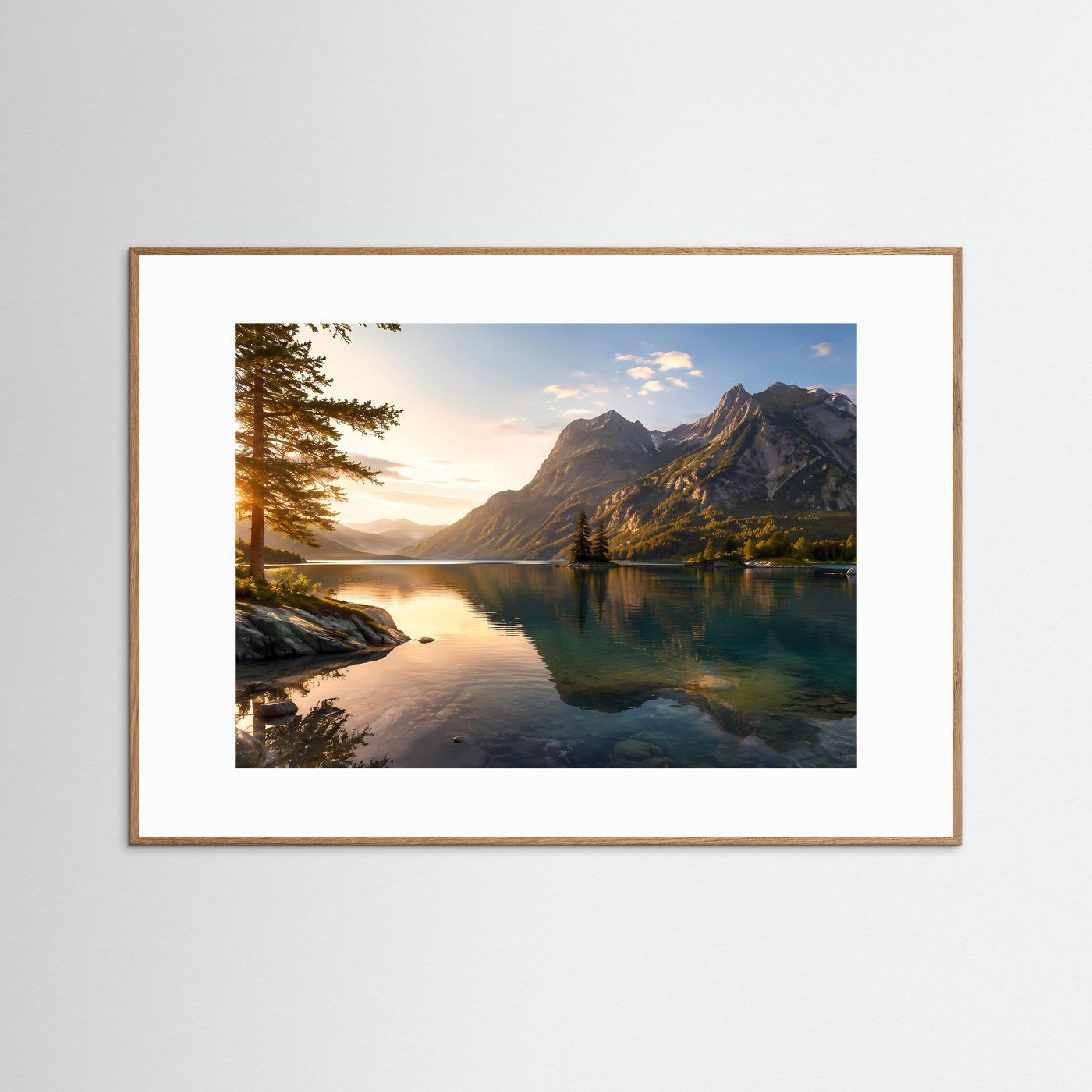 Bergsee Poster Querformat | Majestätische Berge im goldenen Sonnenlicht