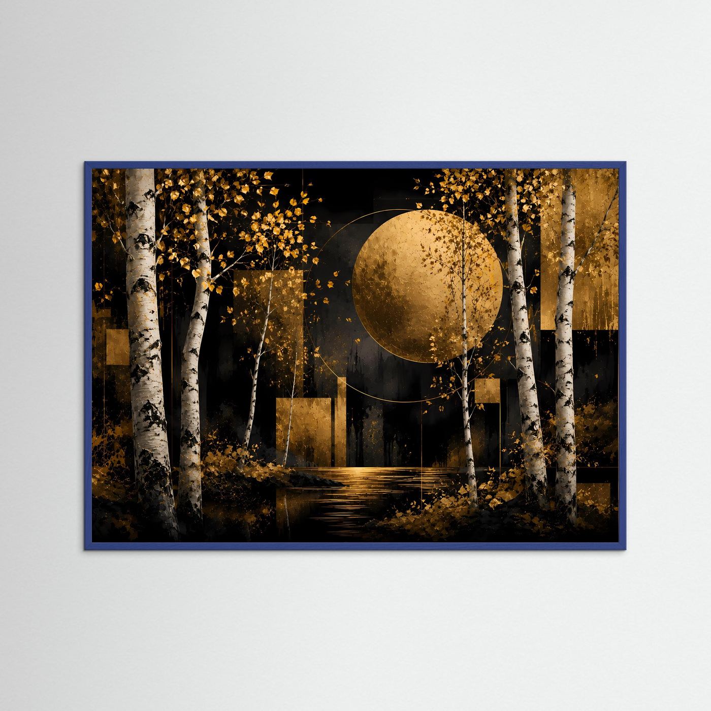 Poster im Querformat mit Birkenwald und goldenem Mond, schwarz-gold, im blauen Rahmen