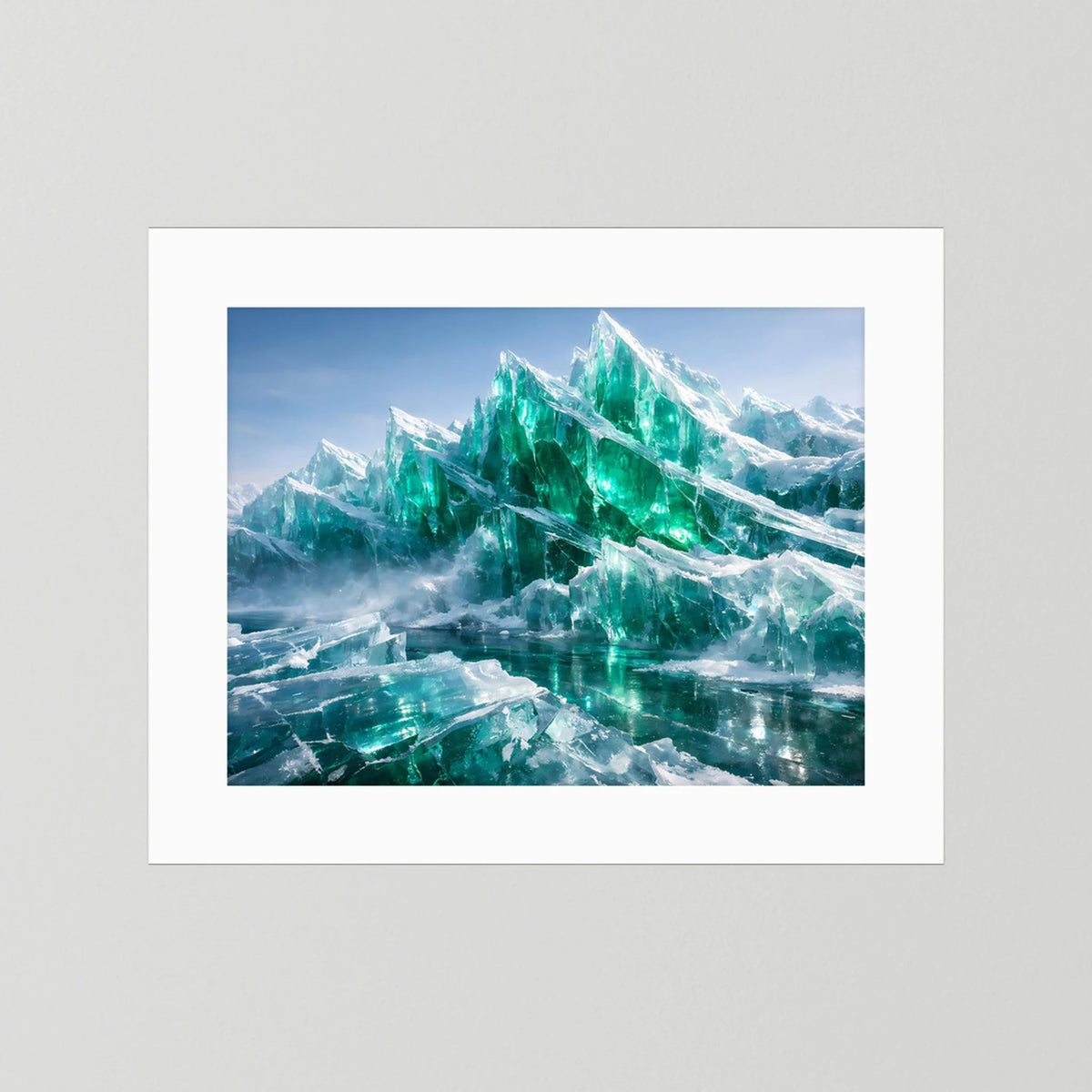 Wandbild mit smaragdgrünen Eisbergen im weißen Passepartout, Querformat
