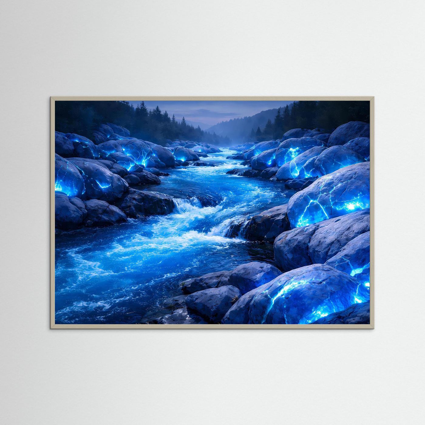 Gerahmtes Poster mit leuchtenden Steinen im blauen Flusslauf, hellbrauner Rahmen