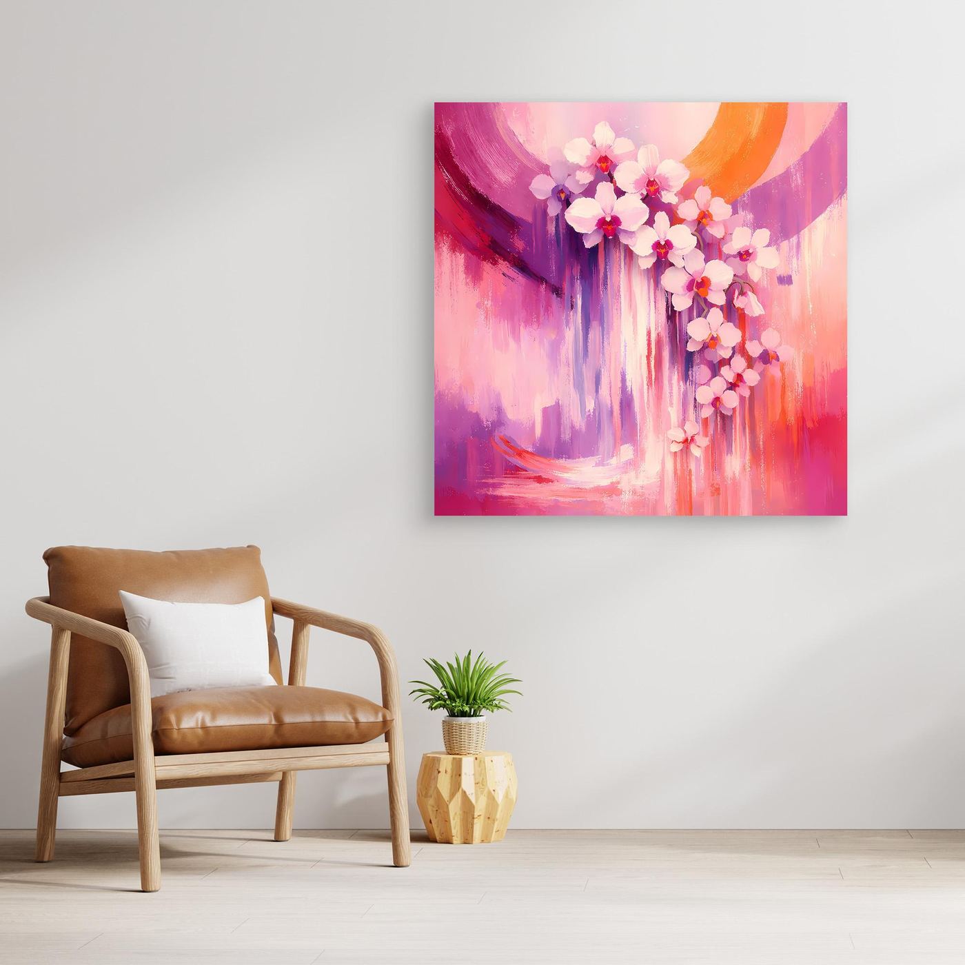 Quadratisches Leinwandbild mit abstrakten Orchideenblüten, pink-lila Farbflächen und Strukturen