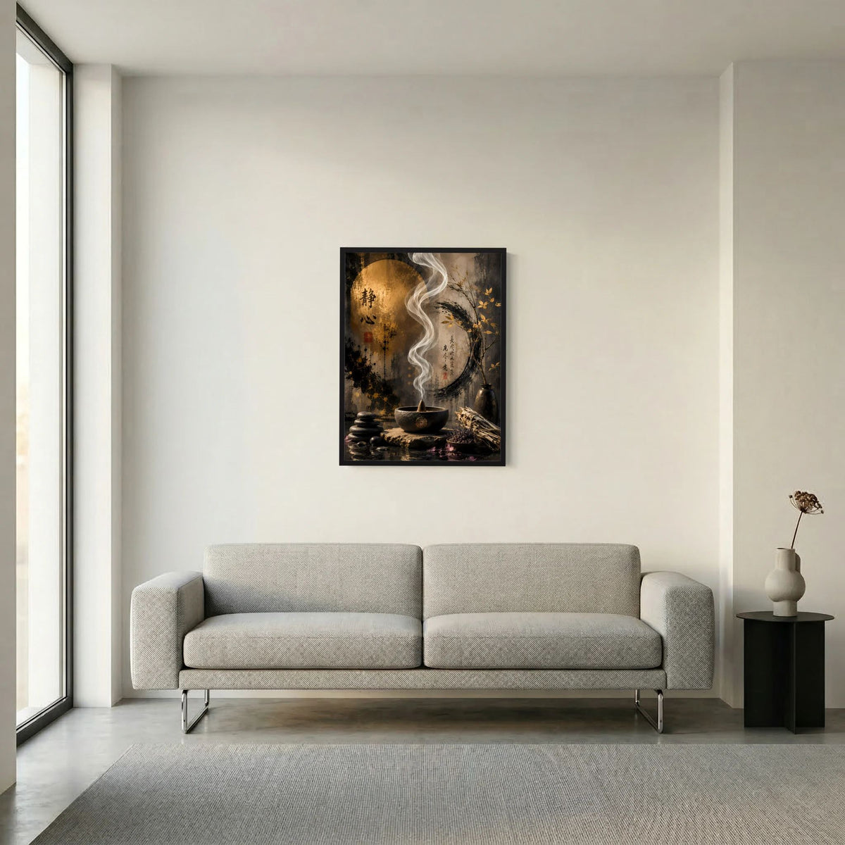 Gerahmtes Poster mit goldenem Kreis, weißem Räucherrauch und dunkler Schale.