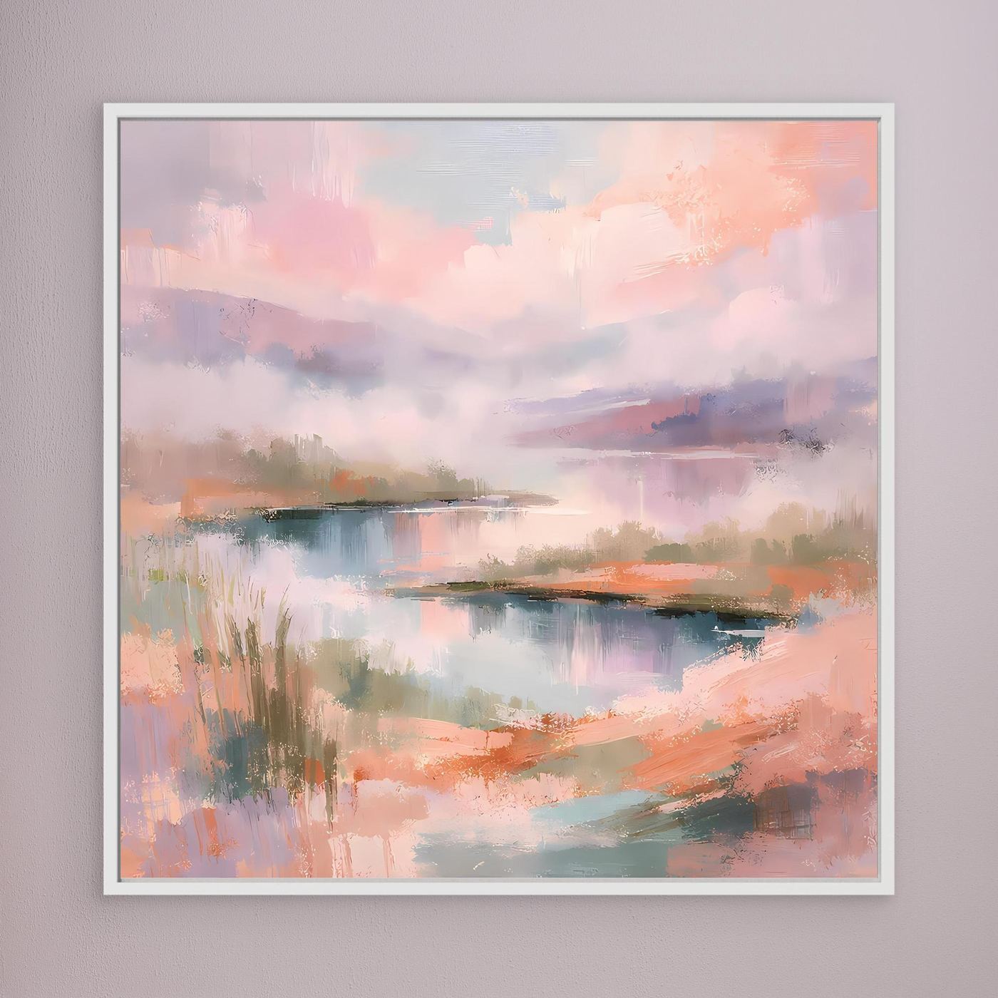 Pastellfarbenes Seenlandschaft-Wandbild auf Leinwand, weißer Rahmen