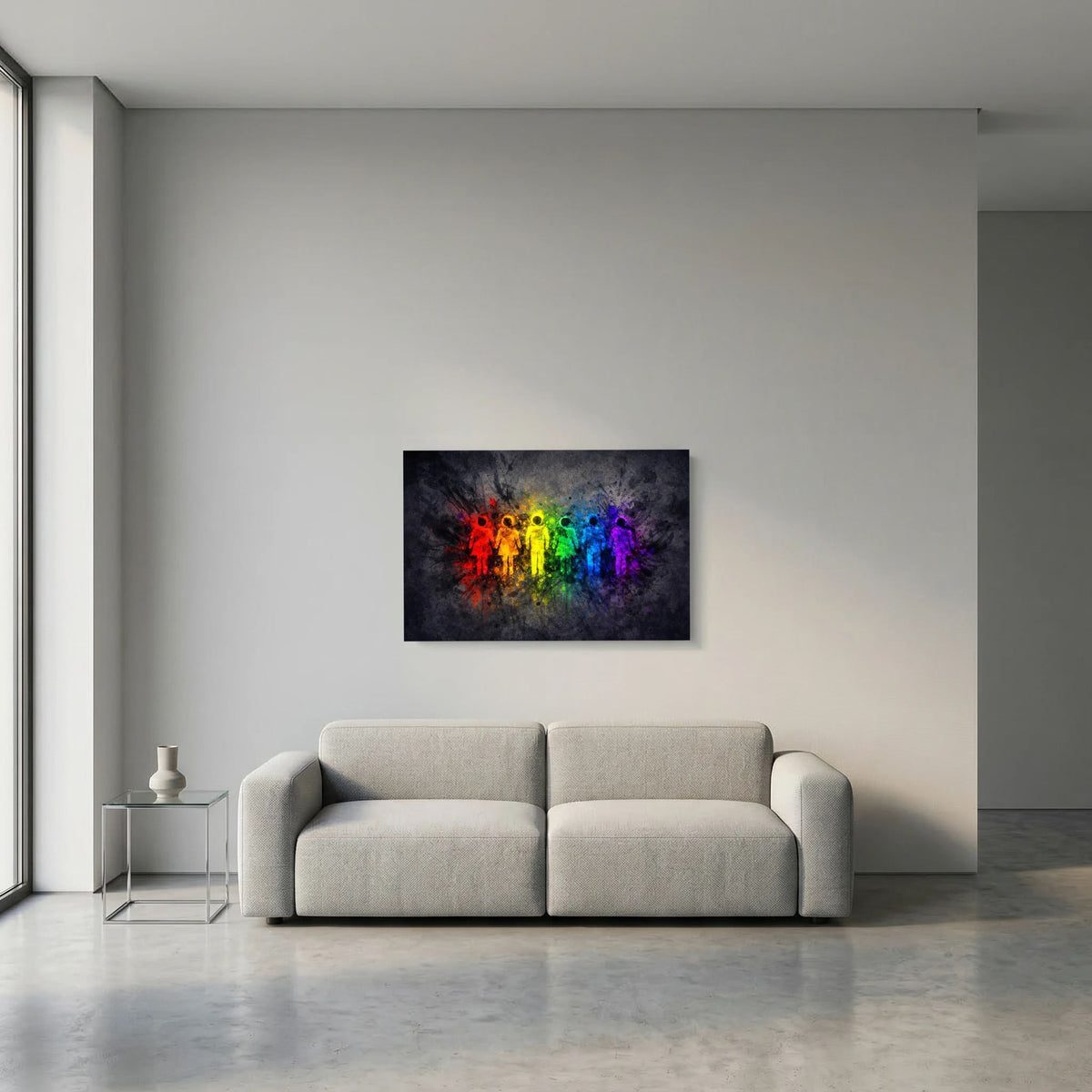Gerahmtes Querformat-Wandbild mit Regenbogenfarben und Menschen-Silhouetten im Farbnebel