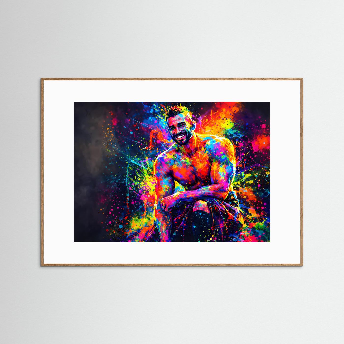 Neonfarbenes Kunstposter mit Muskelportrait, hellbrauner Holzrahmen und weißes Passepartout