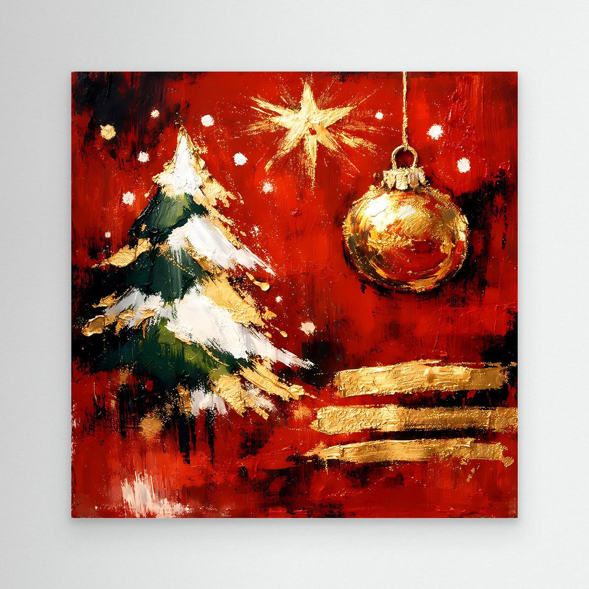 Weihnachts-Wandbild, rote Abstraktion: goldener Tannenbaum, goldene Kugel und Stern, ohne sichtbaren Rahmen