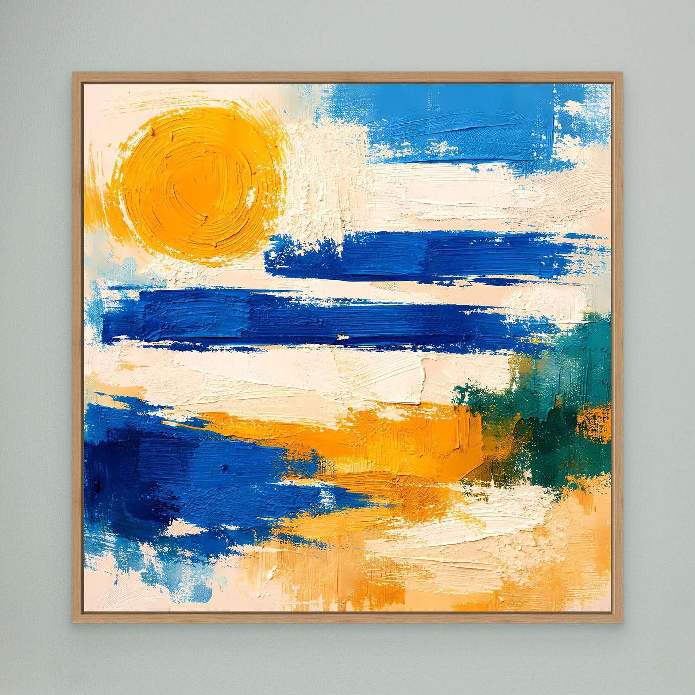 Abstract canvas wall art in an oak frame with blue wave bands and a large yellow sun circle