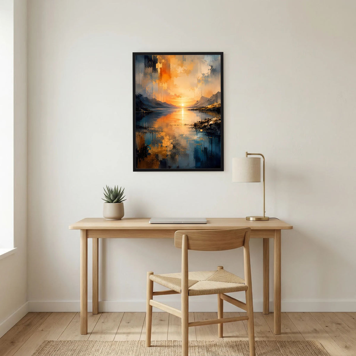 Gerahmtes Poster (Hochformat) mit See, Bergen und orange leuchtendem Sonnenuntergang