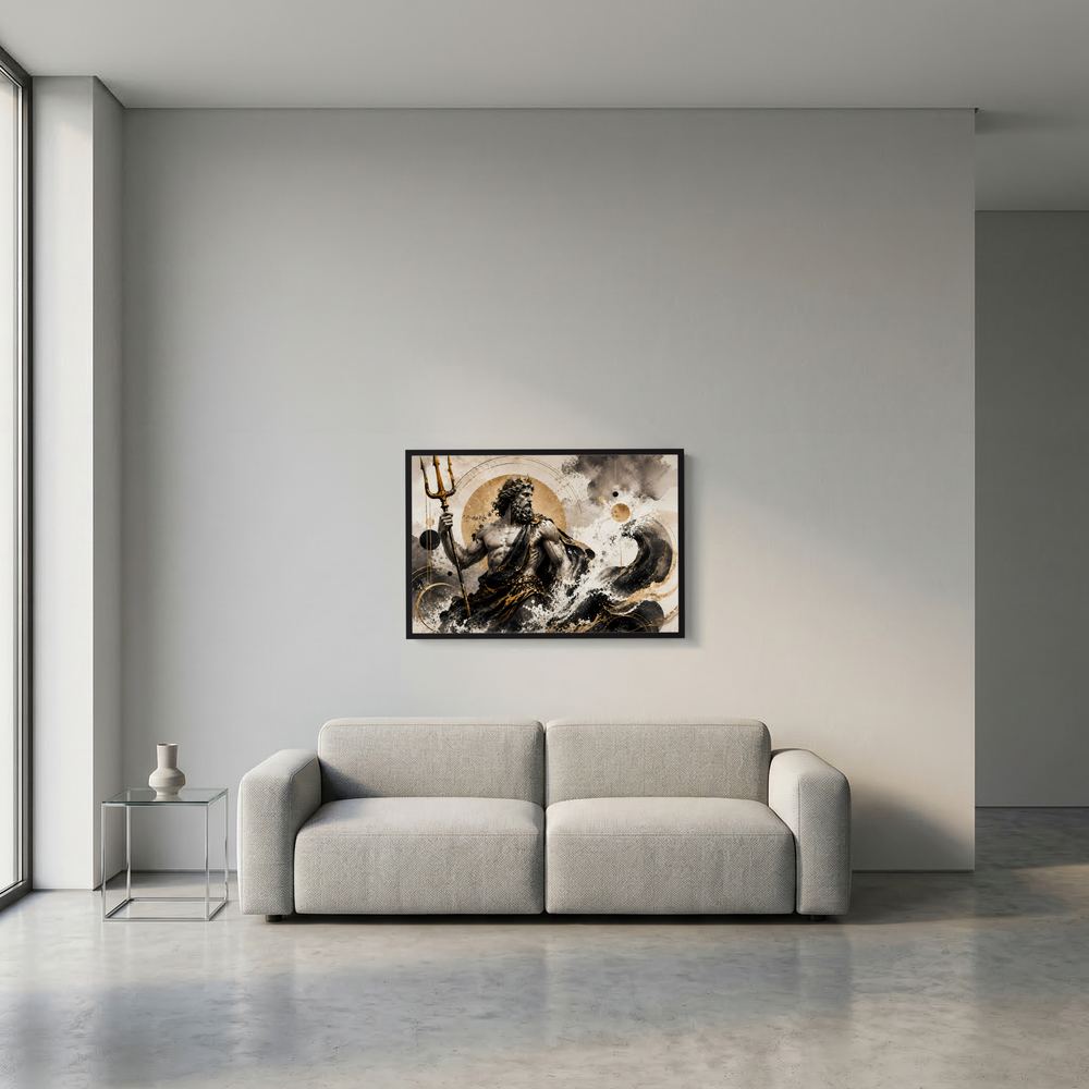 Poseidon-Poster mit Dreizack im Schwarz-Gold-Look, kleiner Druck im schwarzen Rahmen.