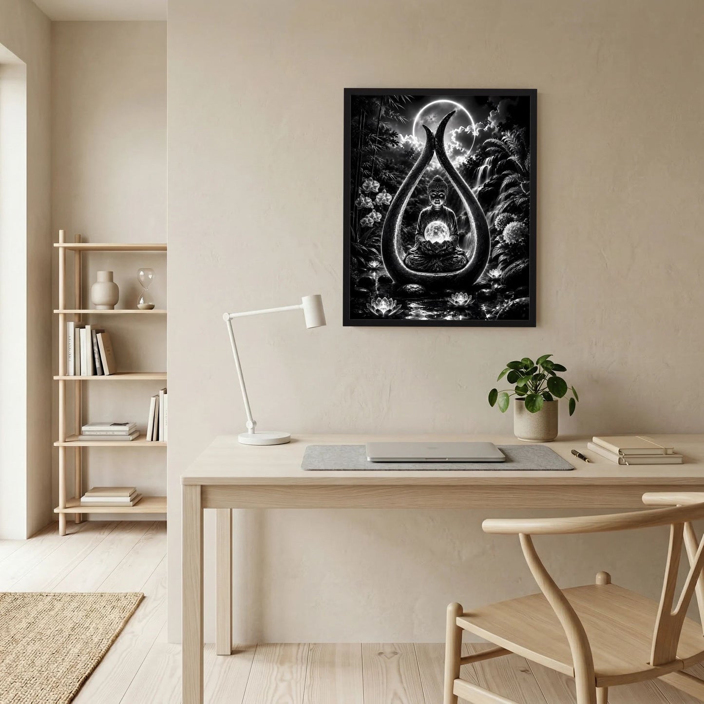Gerahmtes Schwarzweiß-Buddha-Poster an der Wand im Arbeitsbereich