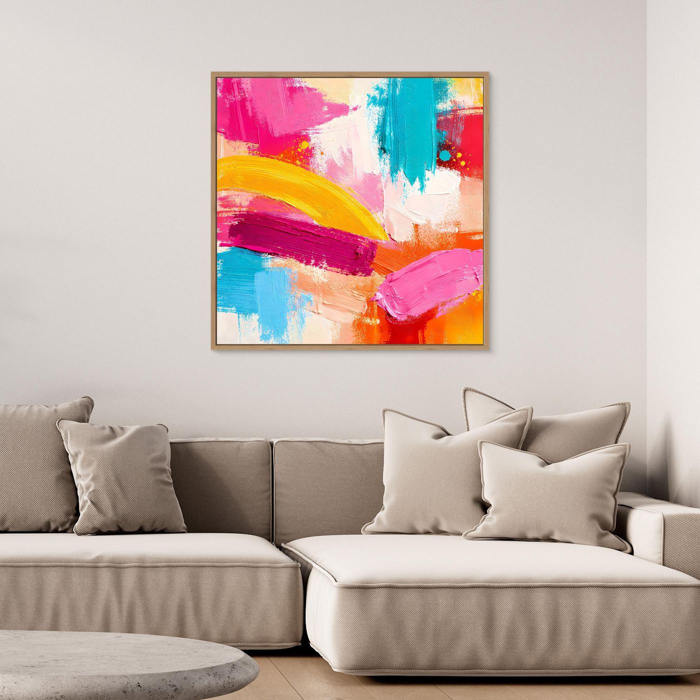 Abstract pastel pop art wall canvas in light wood frame, pink teal yellow orange strokes