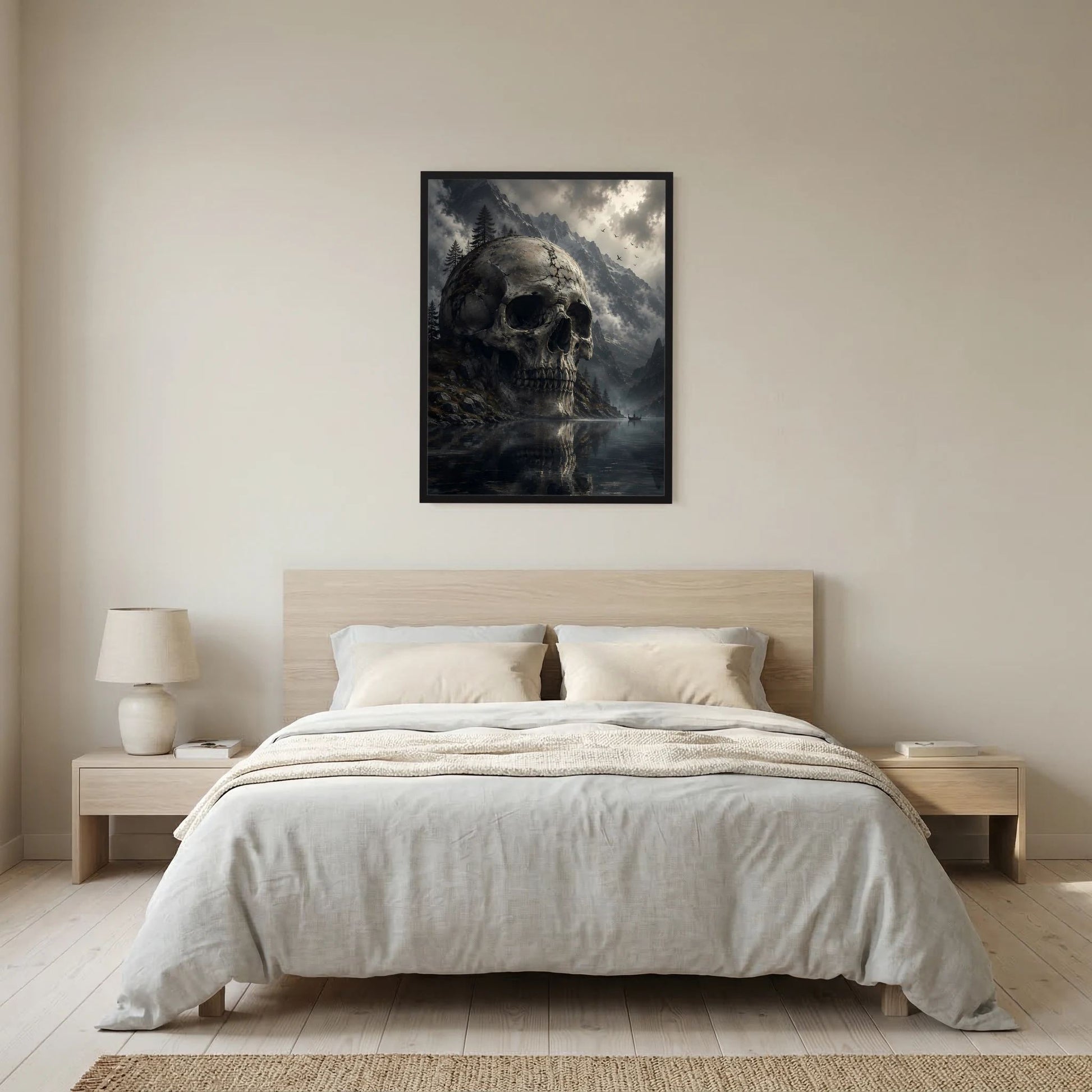 Totenkopf-Poster im schwarzen Rahmen: düstere Bergsee-Landschaft mit Bergen und Wolken.