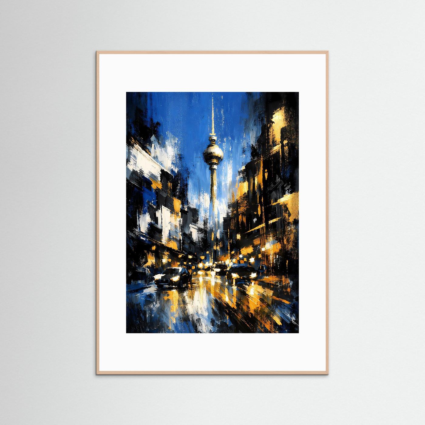 Hochformatiges Poster mit abstrakter Stadtansicht und Fernsehturm, heller Holzrahmen