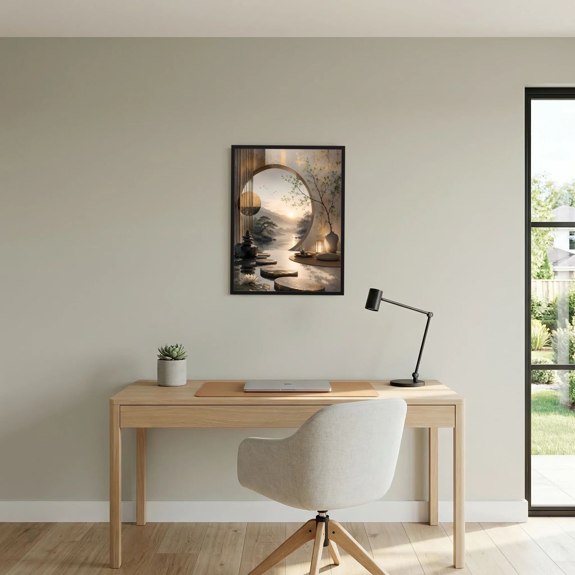 Wandposter im schwarzen Rahmen mit asiatischer Landschaft, Mondsichel und goldenen Lichtakzenten