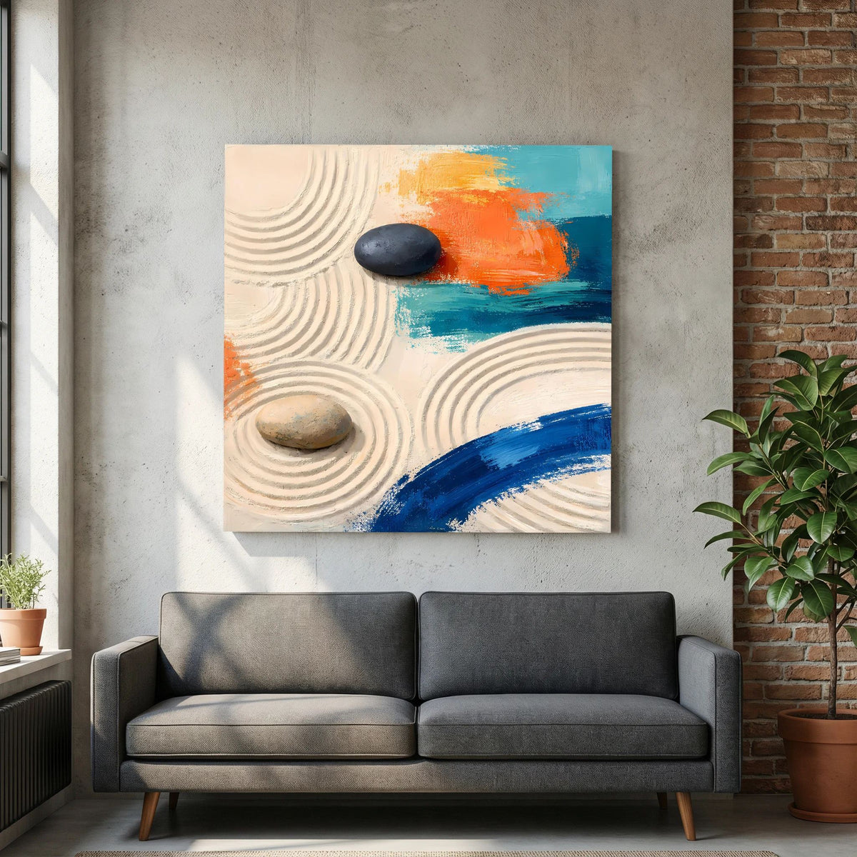 Abstraktes Leinwandbild mit Reliefwellen, schwarzem Stein und orange-blauem Farbfleck