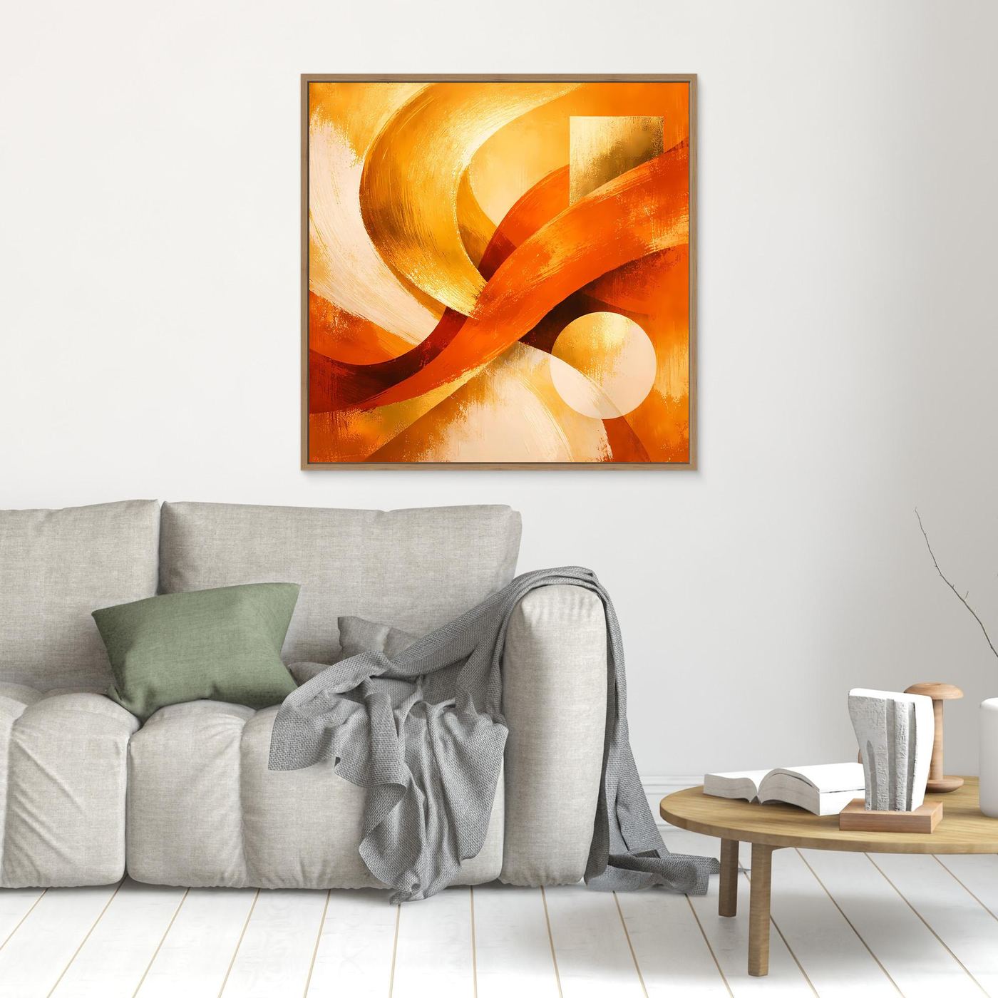 Abstraktes Leinwandbild mit goldenen und roten Wellen auf warm-orangefarbenem Hintergrund, braun gerahmt.