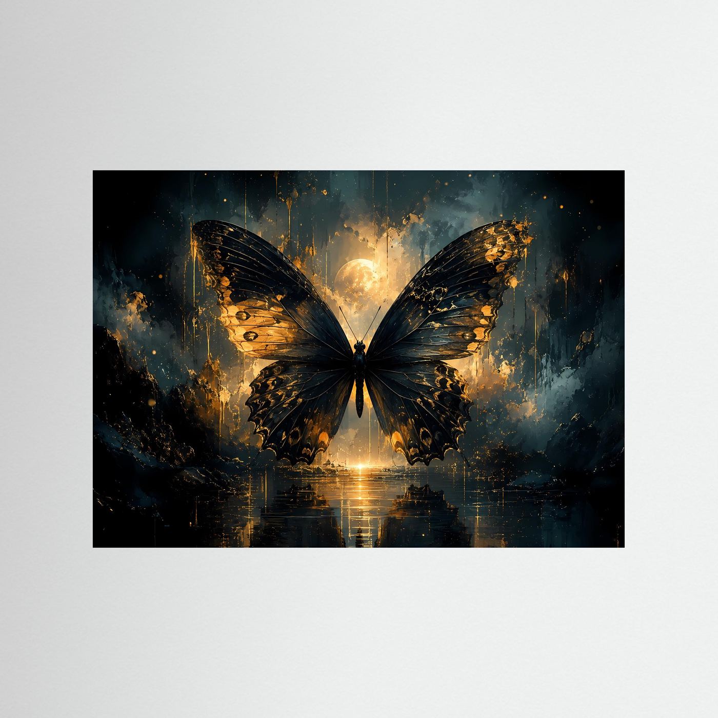 Schmetterlingsposter mit goldenen Flügeln, schwarzer Umrandung und Spiegelung